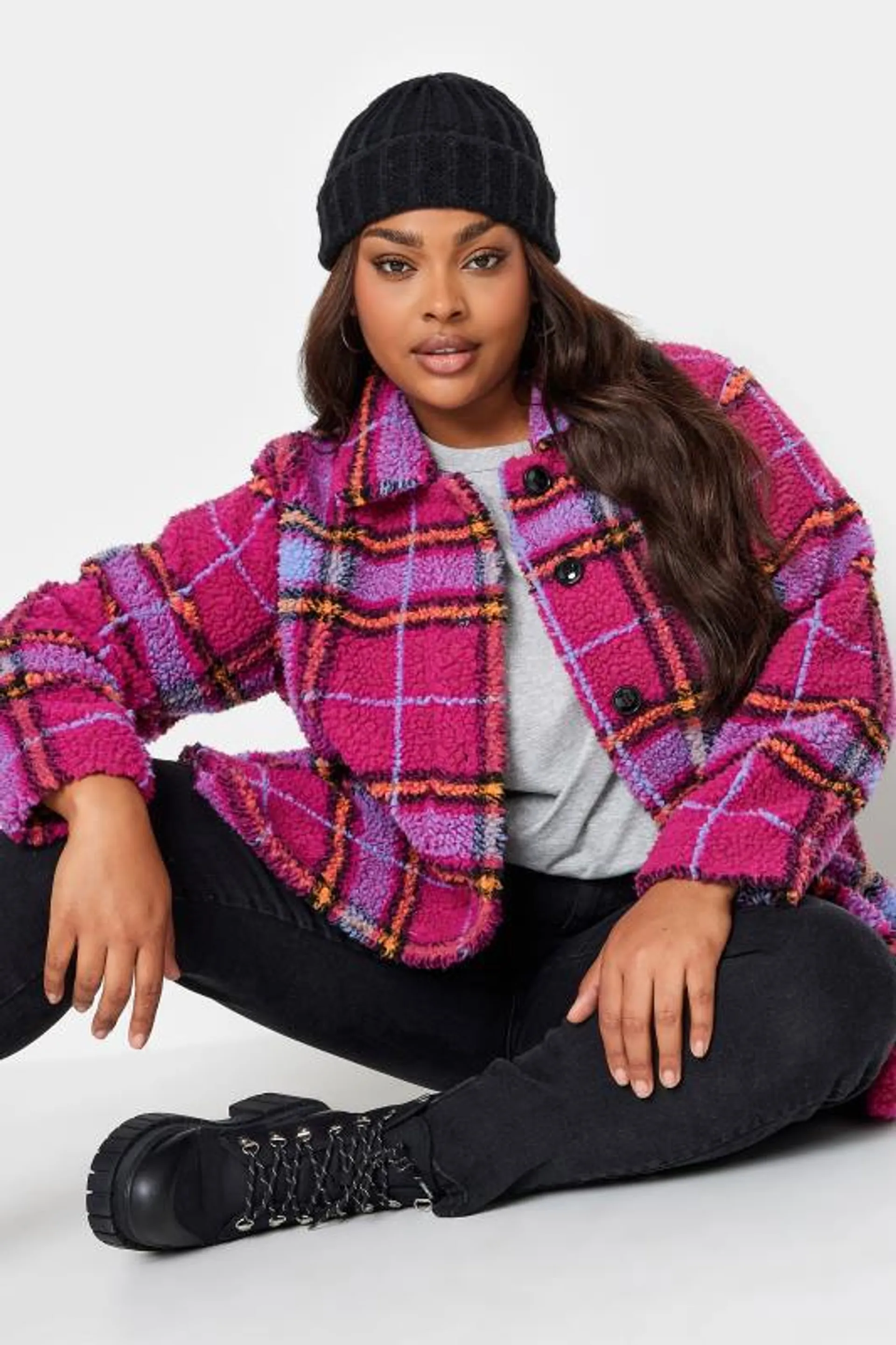 YOURS Curve Pink Check Print Button Through Fleece