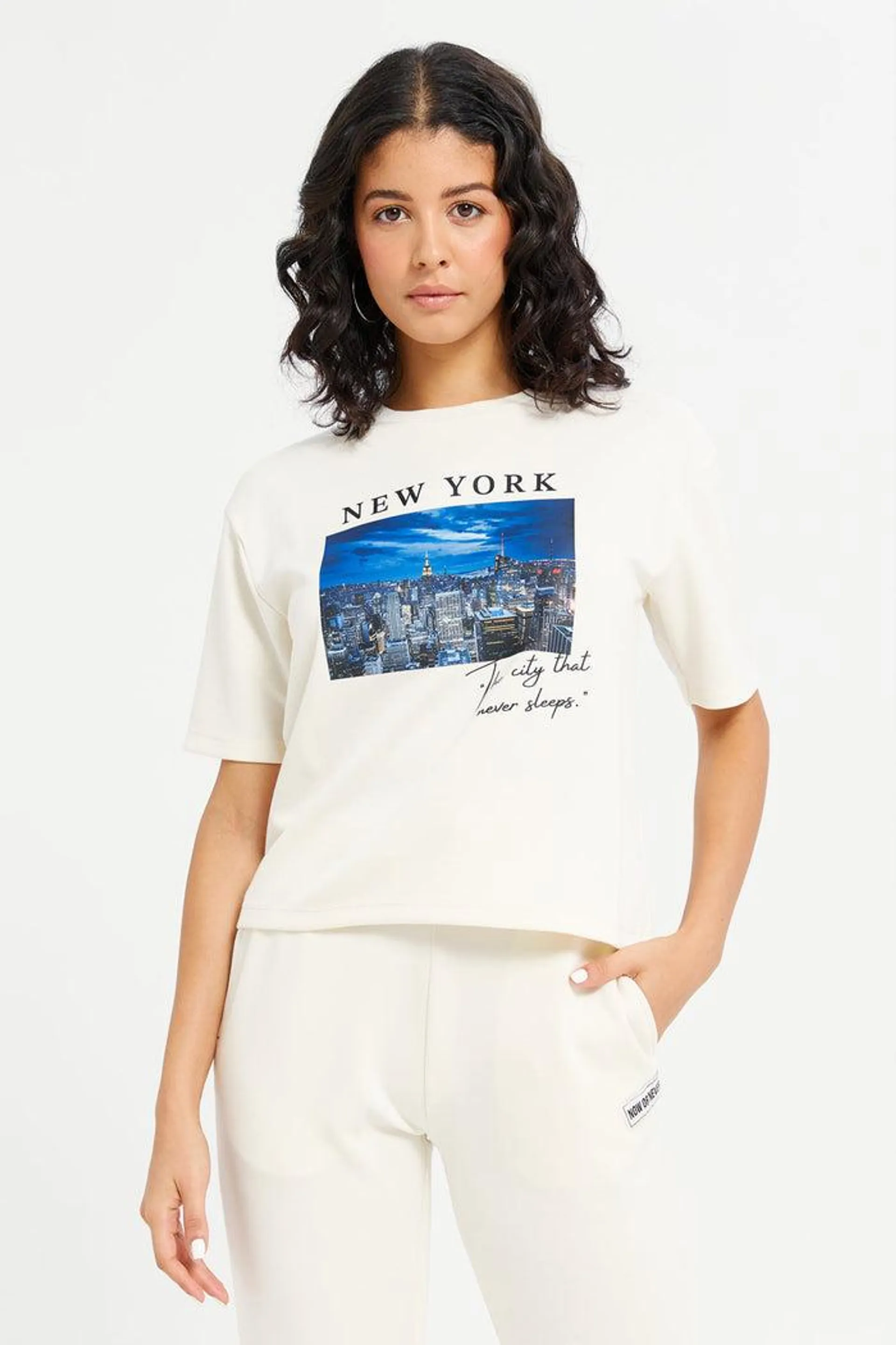 Women White New York Embellished T-Shirt