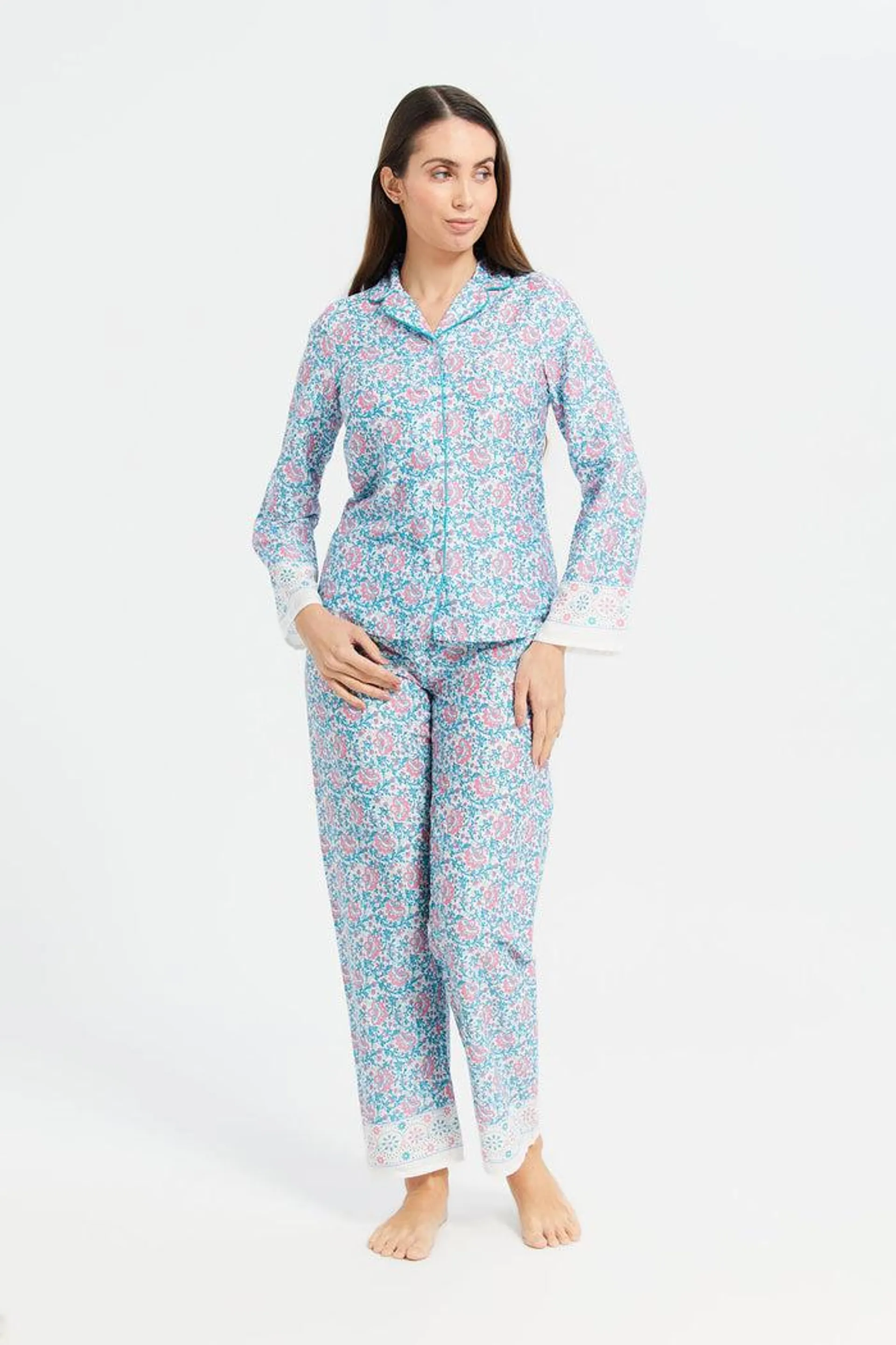 Women Blue And Pink Cotton Satin Border Classic Pyjama Set