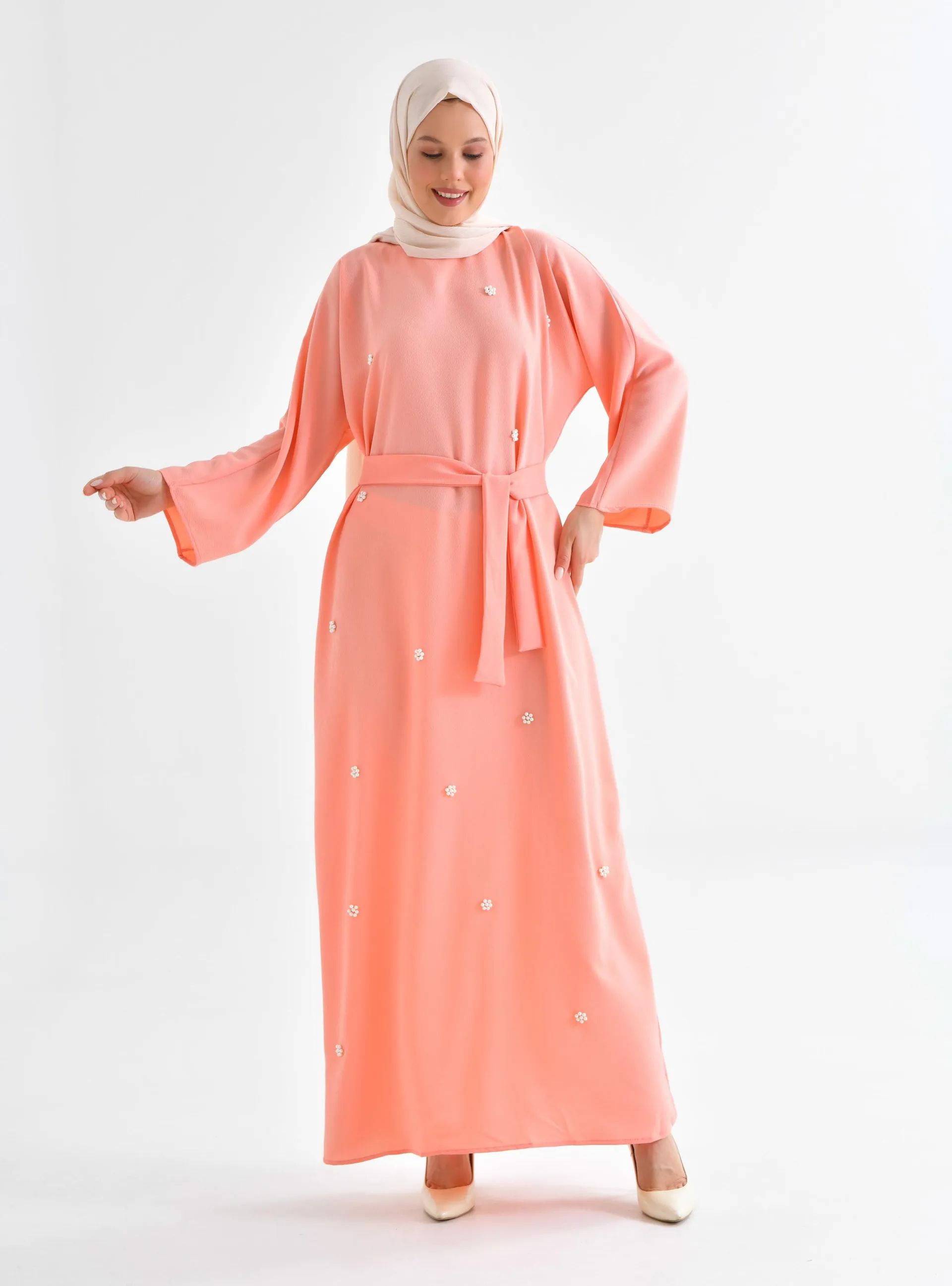 Salmon - Crew neck - Unlined - Modest Dress