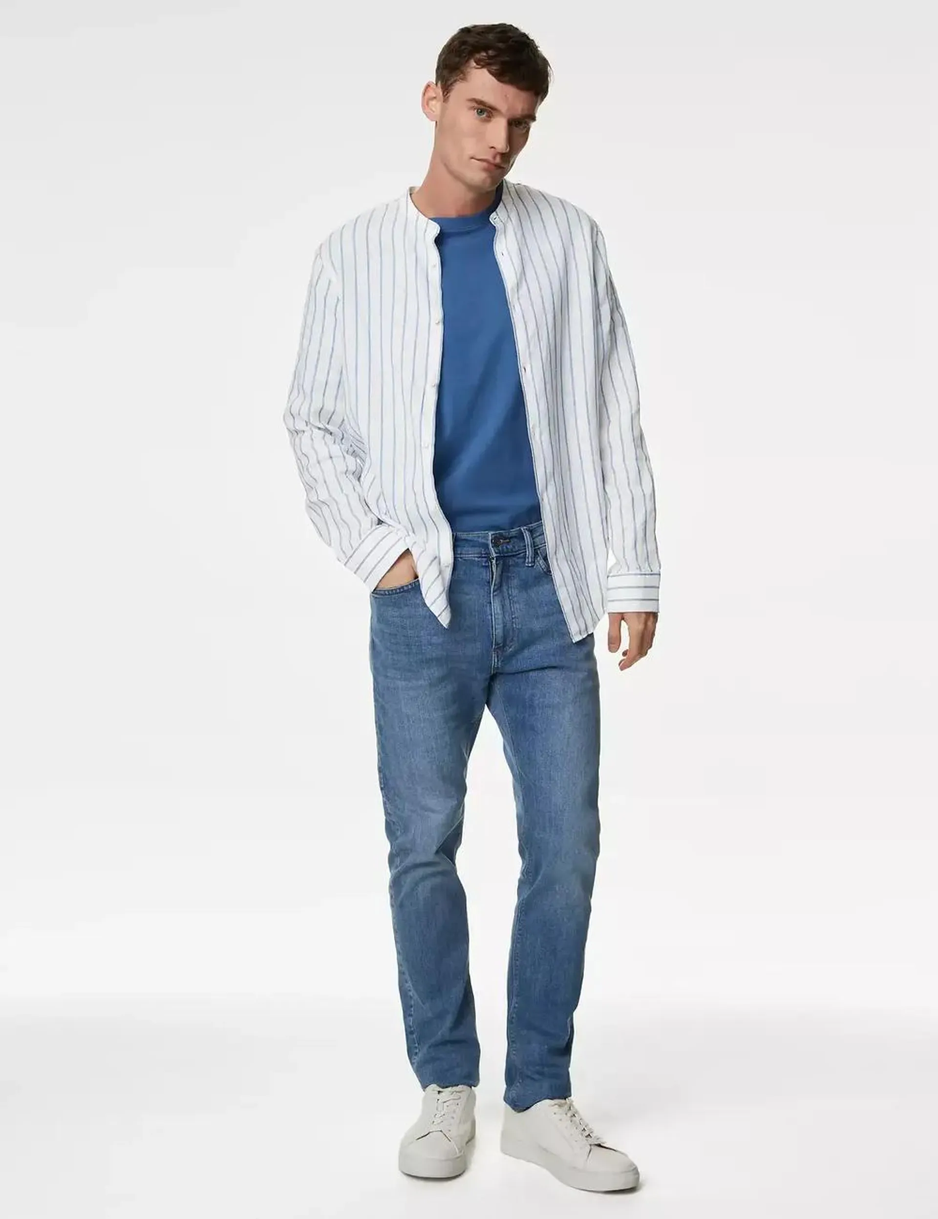 Linen Rich Striped Grandad Collar Shirt