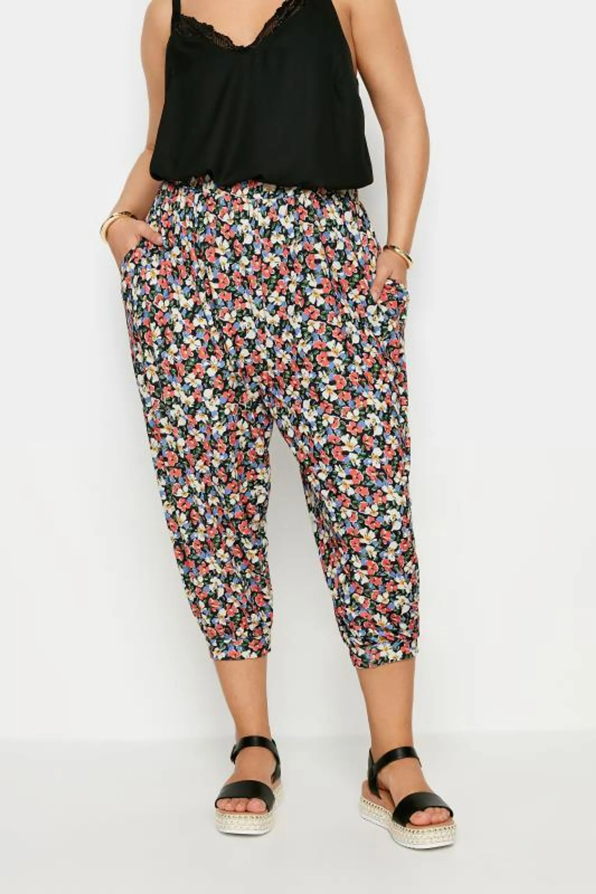 YOURS Curve Black Ditsy Floral Print Cropped Harem Trousers