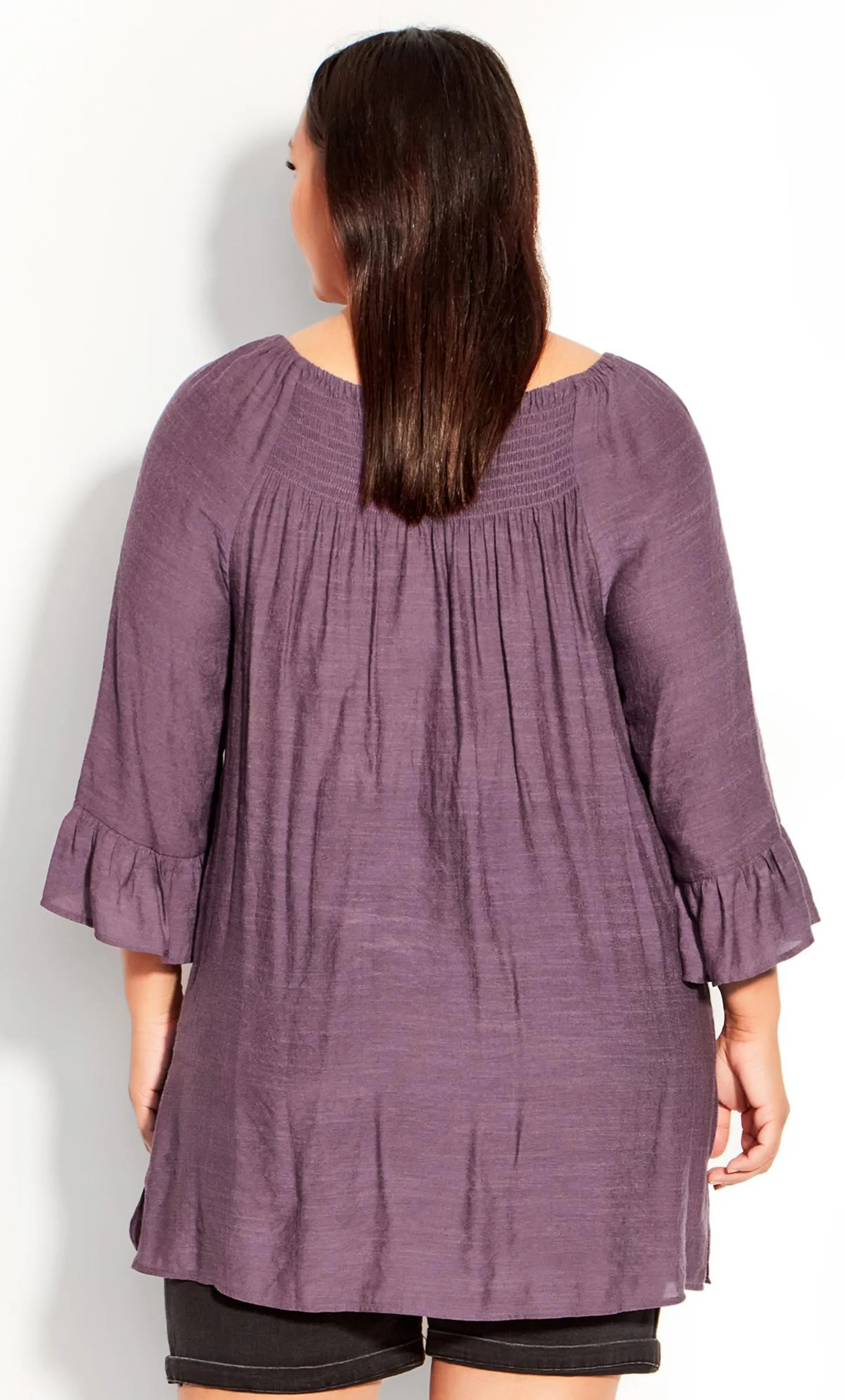 Evans Purple Shirred Neck Tunic Top