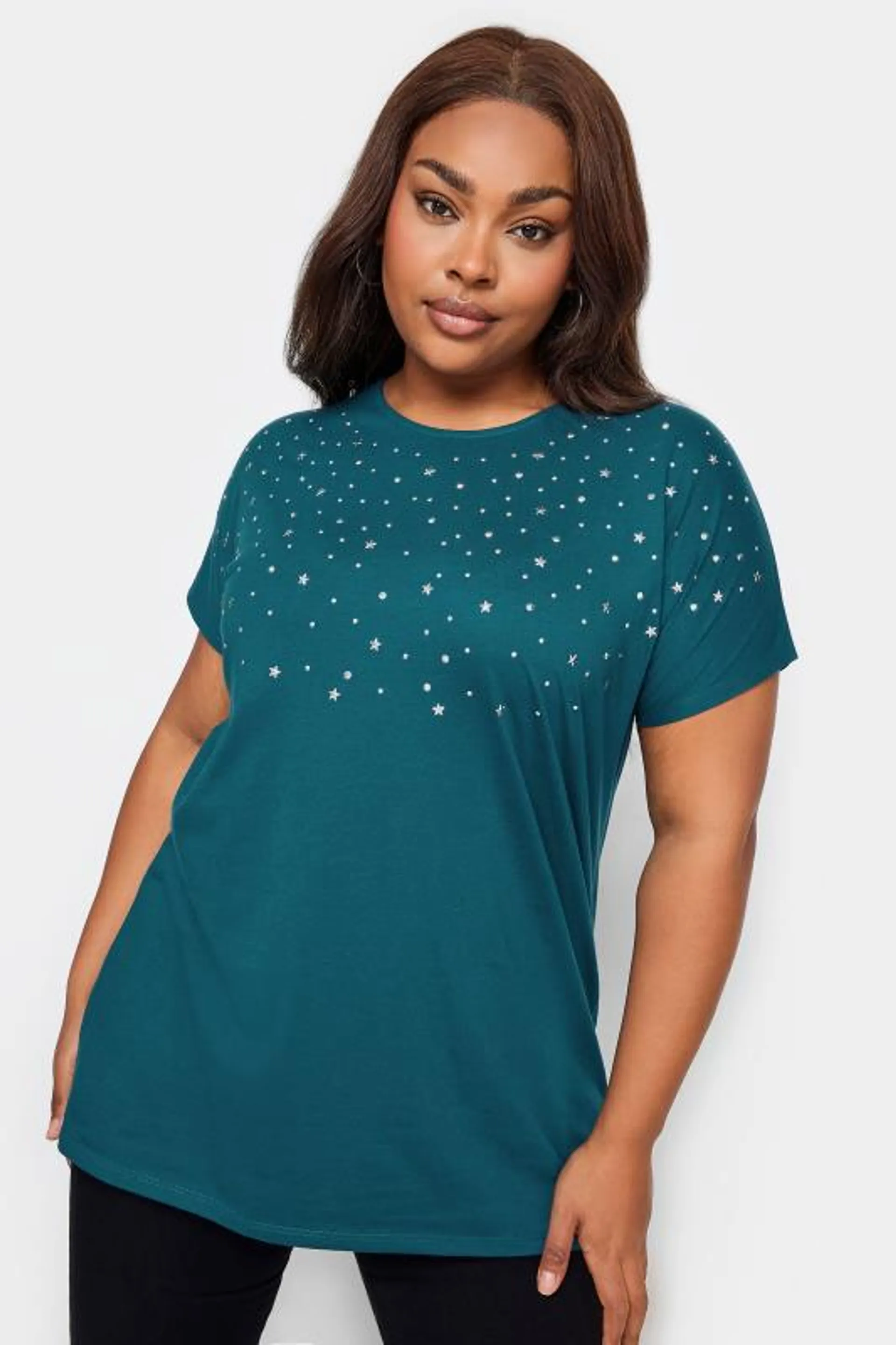 YOURS Curve Teal Blue Embellished Front T-Shirt