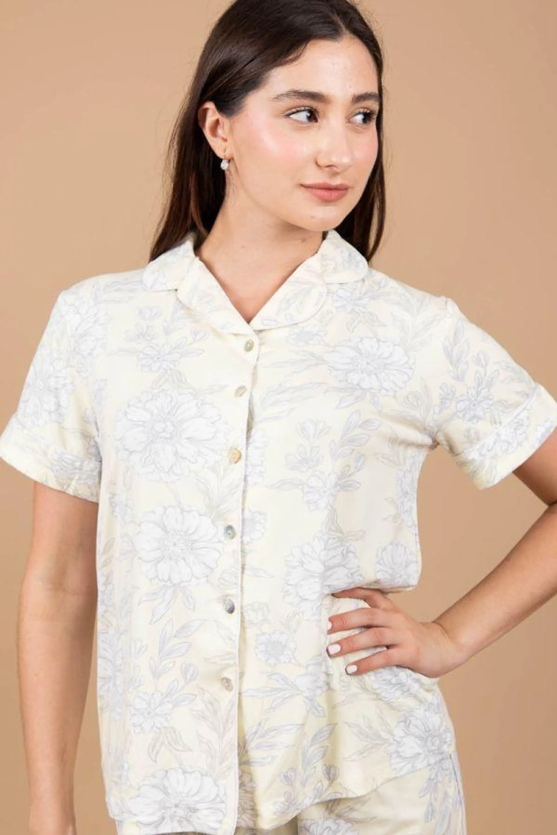 Ladies Lemon Sketchy Floral Button Through Top