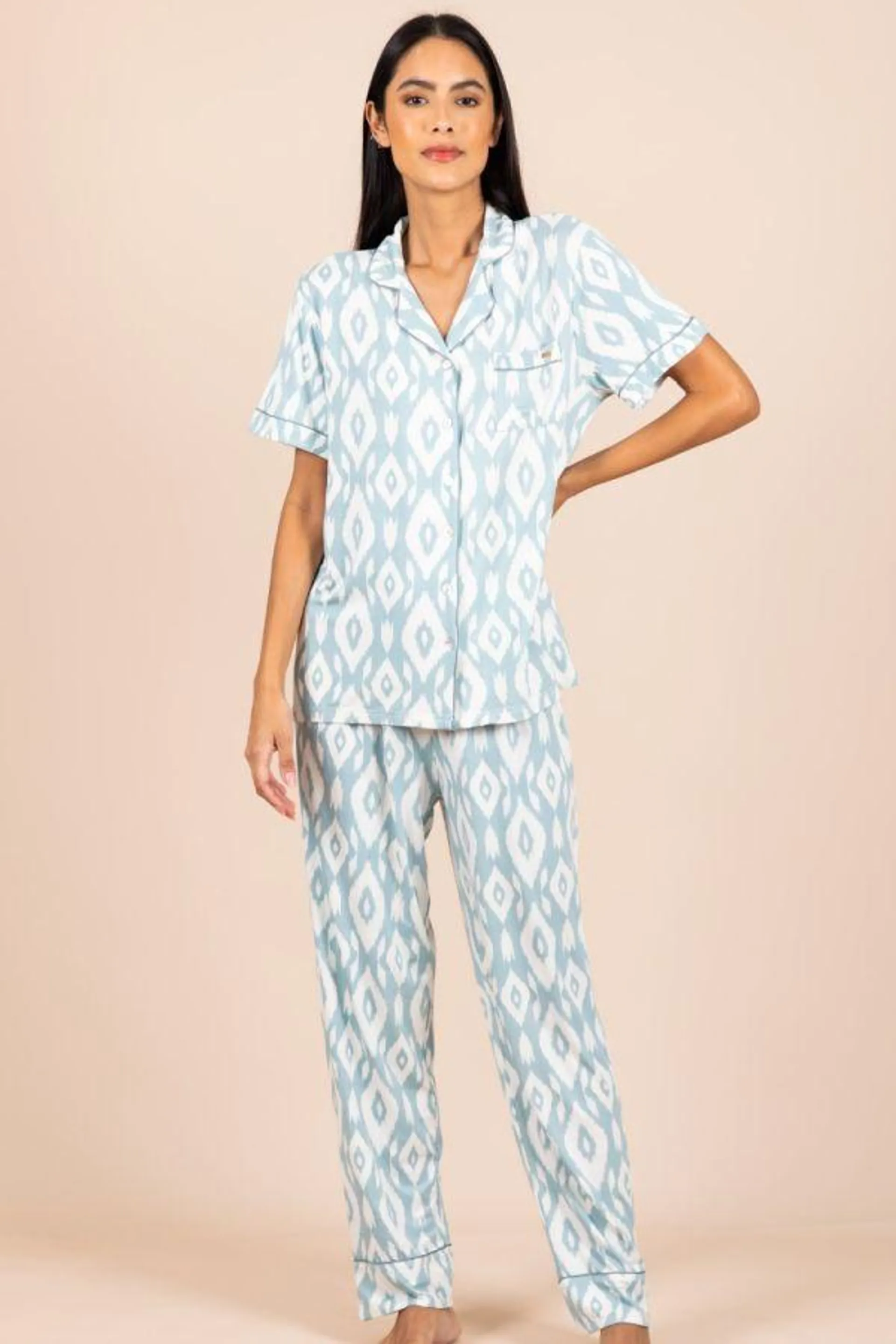 Ladies Dusky Teal Aztec Button Through PJ