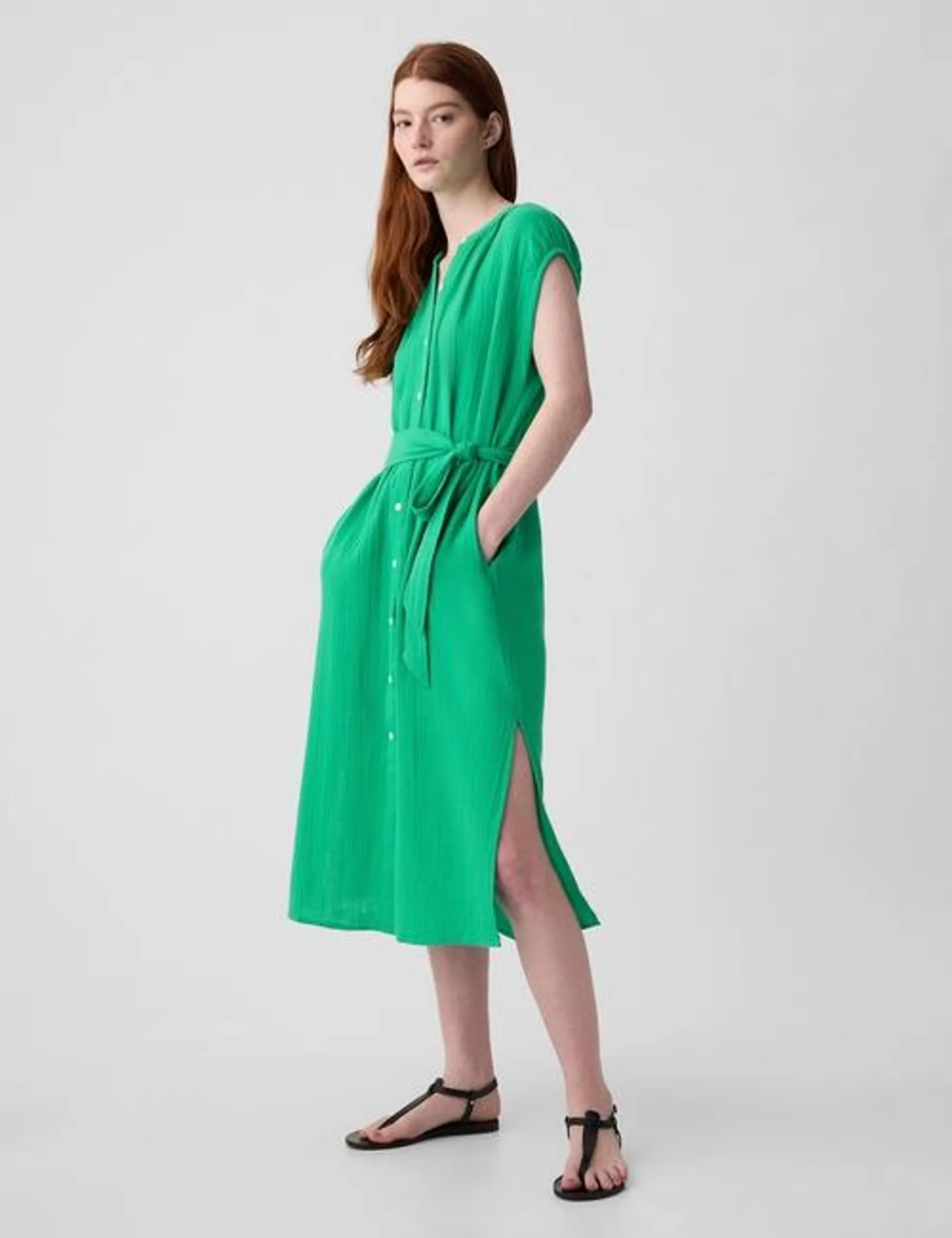 Crinkle Gauze Belted Midi Dress