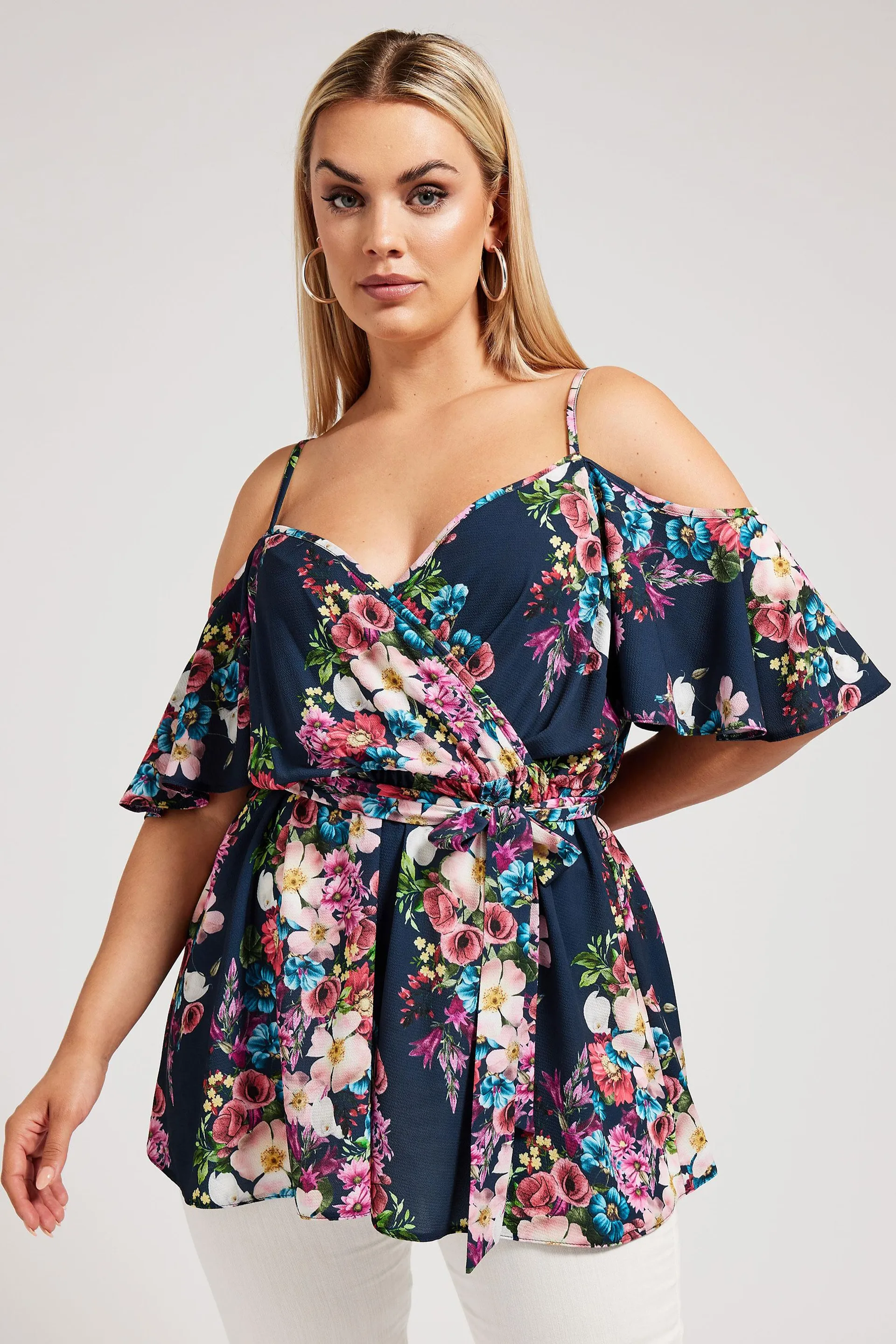 YOURS LONDON Curve Navy Blue Floral Print Cold Shoulder Top