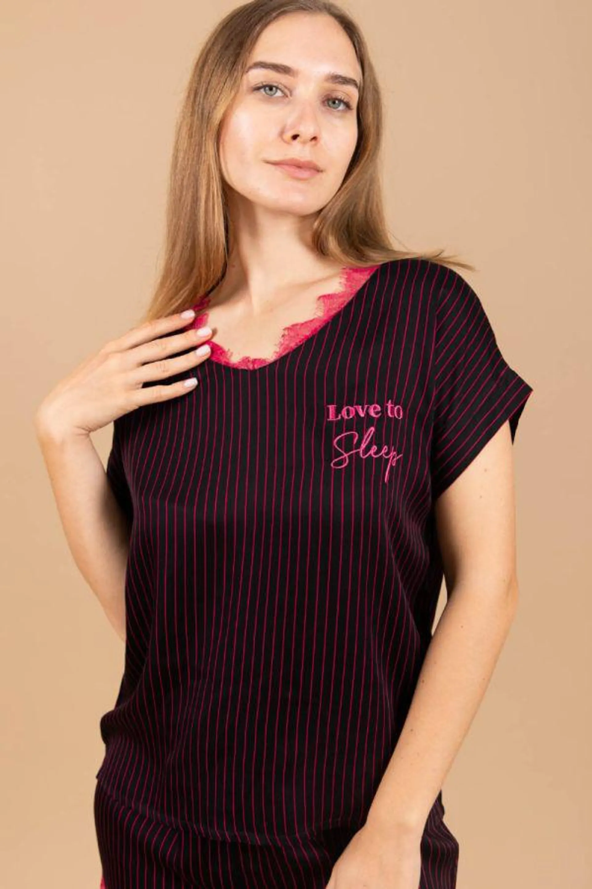 Ladies Black Red Pin Stripe Top