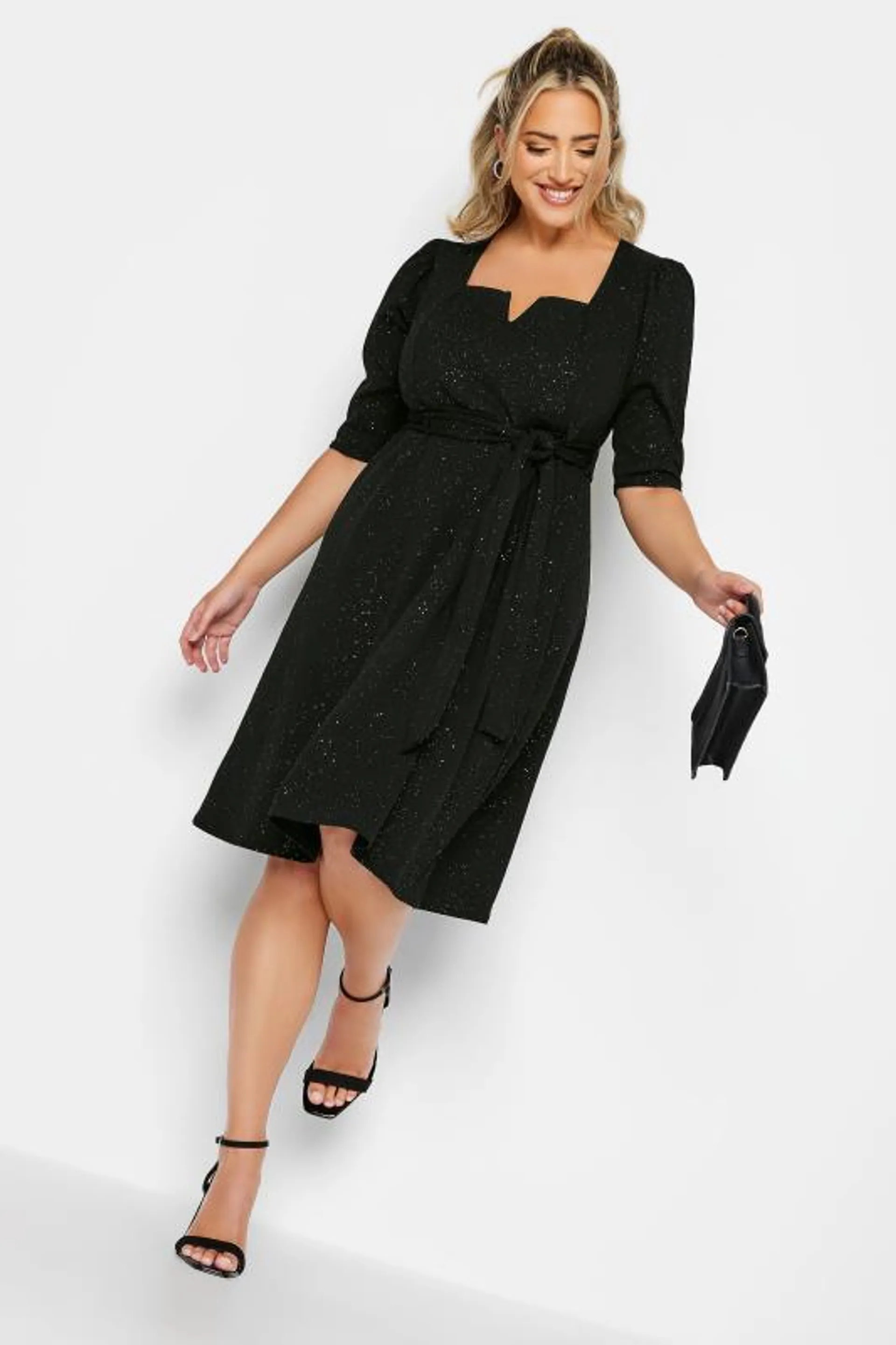 YOURS LONDON Curve Black Glitter Notch Neck Skater Dress
