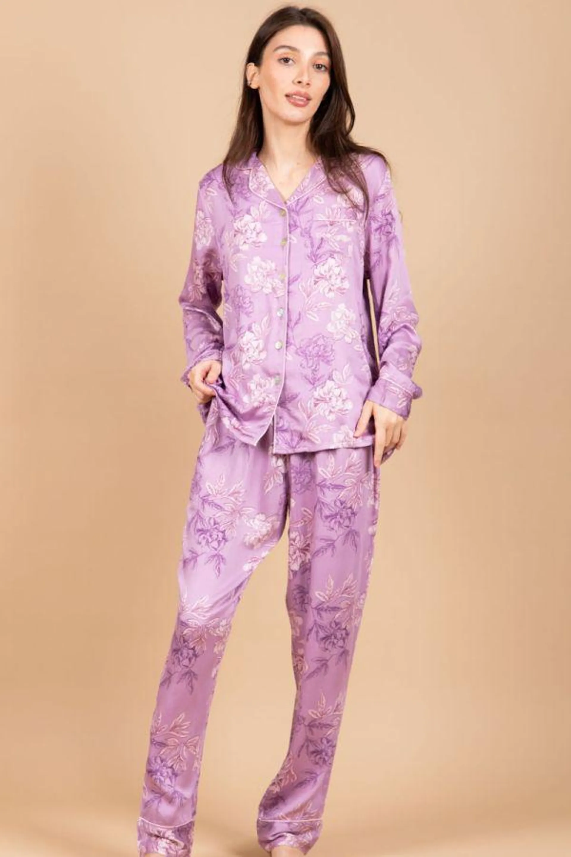 Ladies Purple Sketchy Floral Button Through PJ