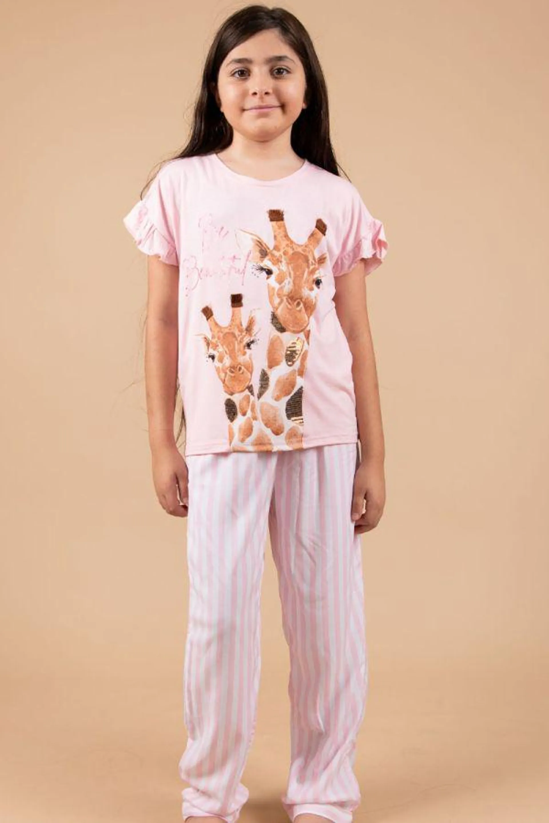Girls Pale Pink Giraffe Stripe PJ