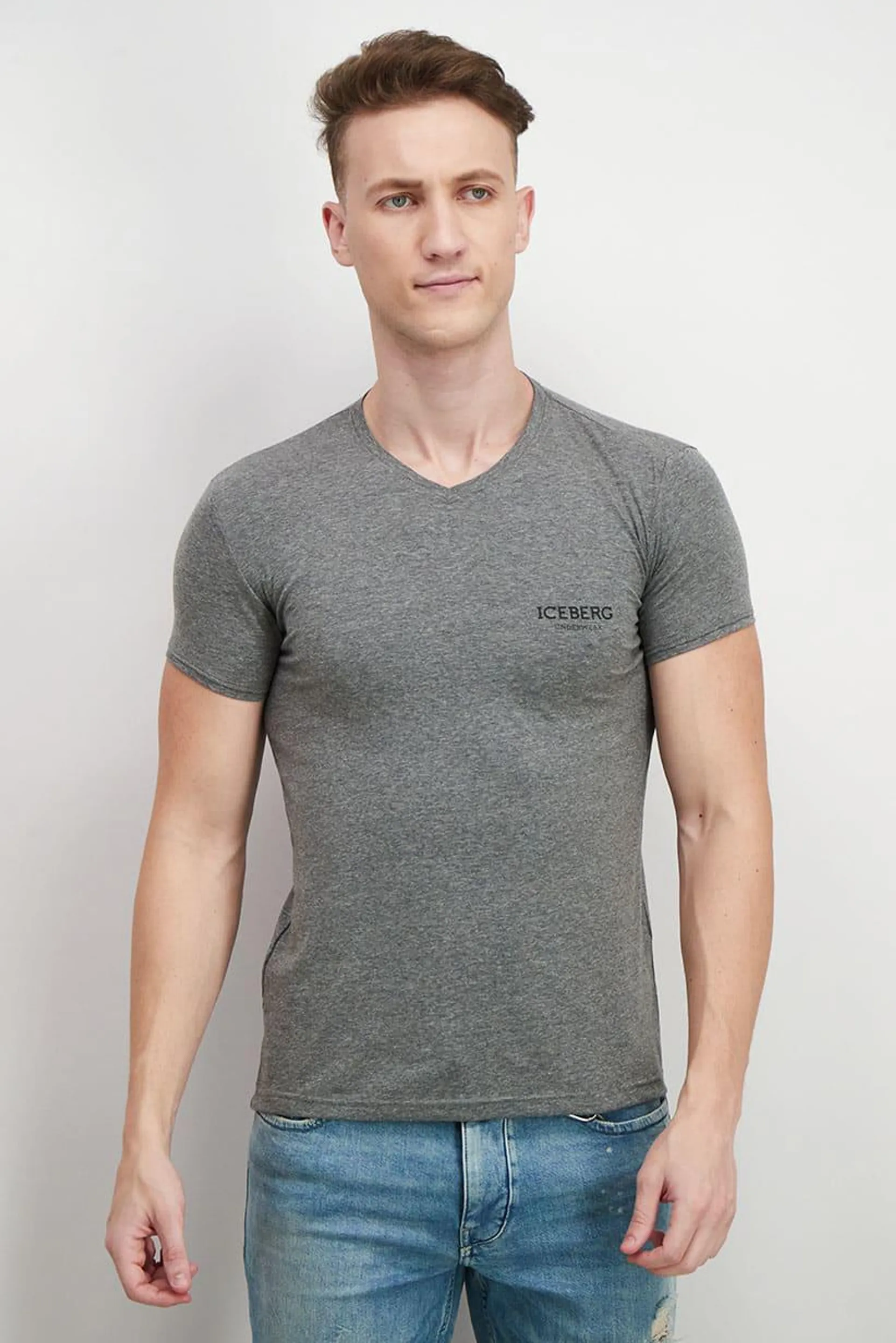 Men V-Neck Short Sleeve Brand Logo T-Shirt, Grey