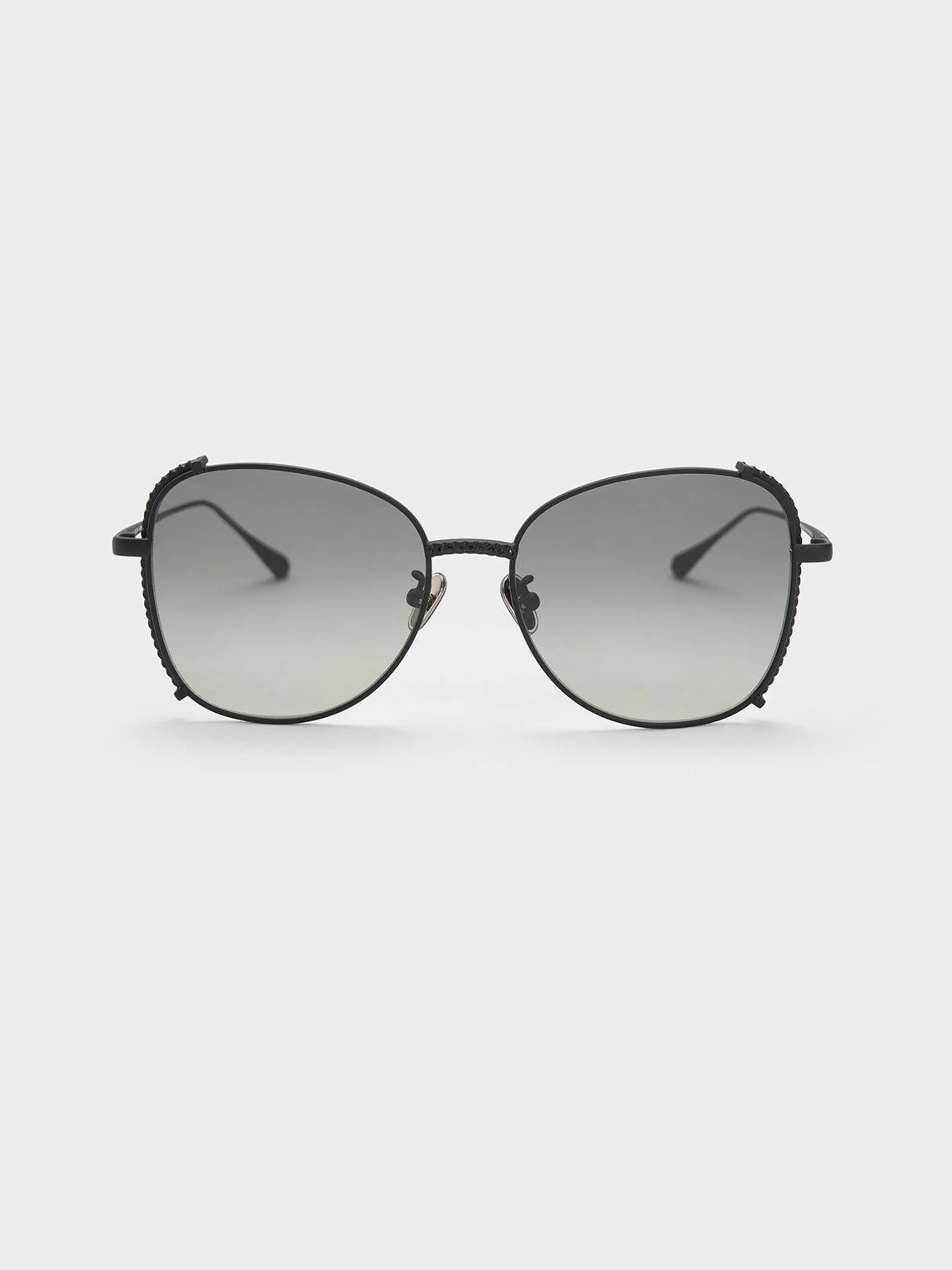 Embellished Half-Frame Butterfly Sunglasses - Black