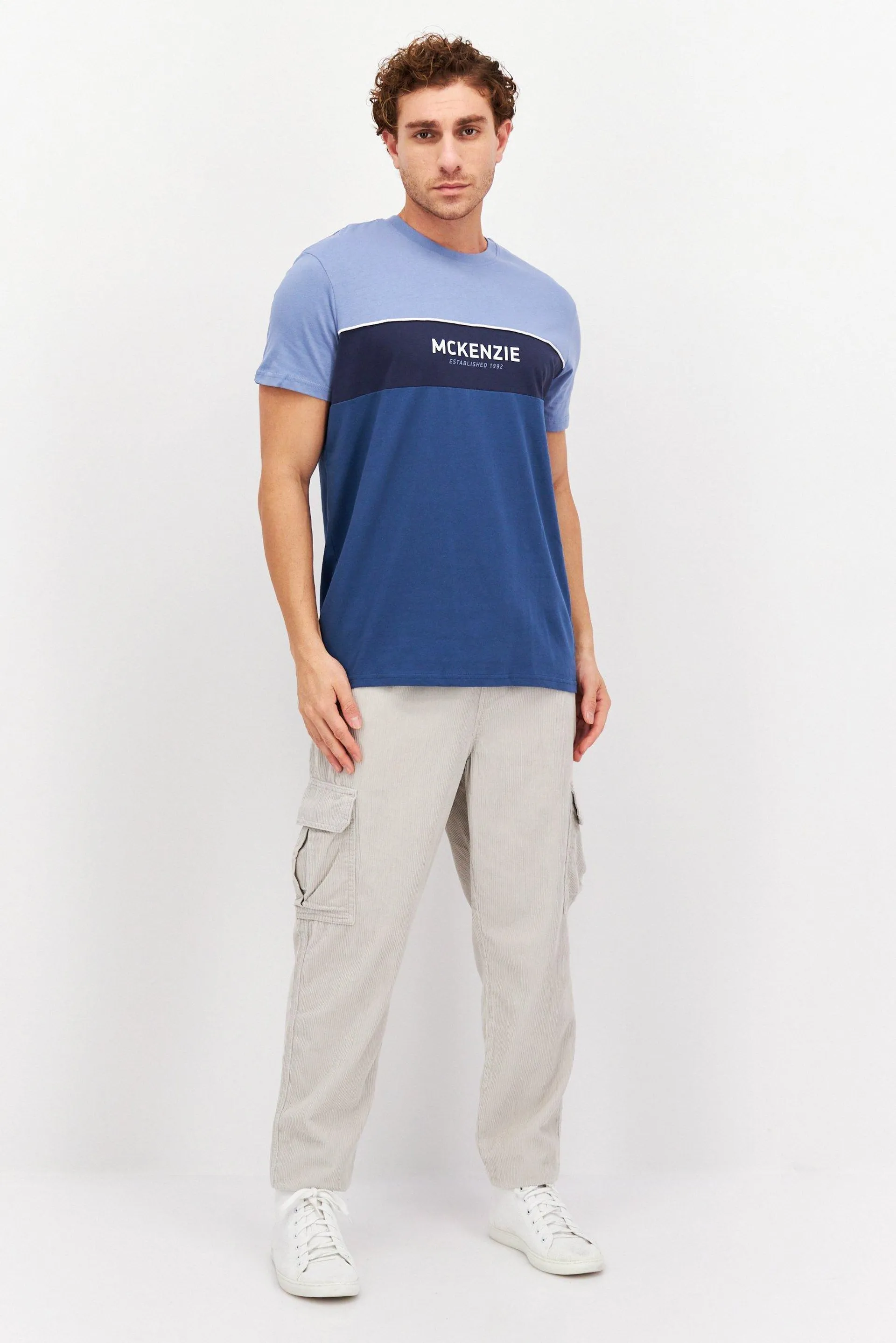 Men Crew Neck Short Sleeves Brand Logo T-Shirt, Blue Combo