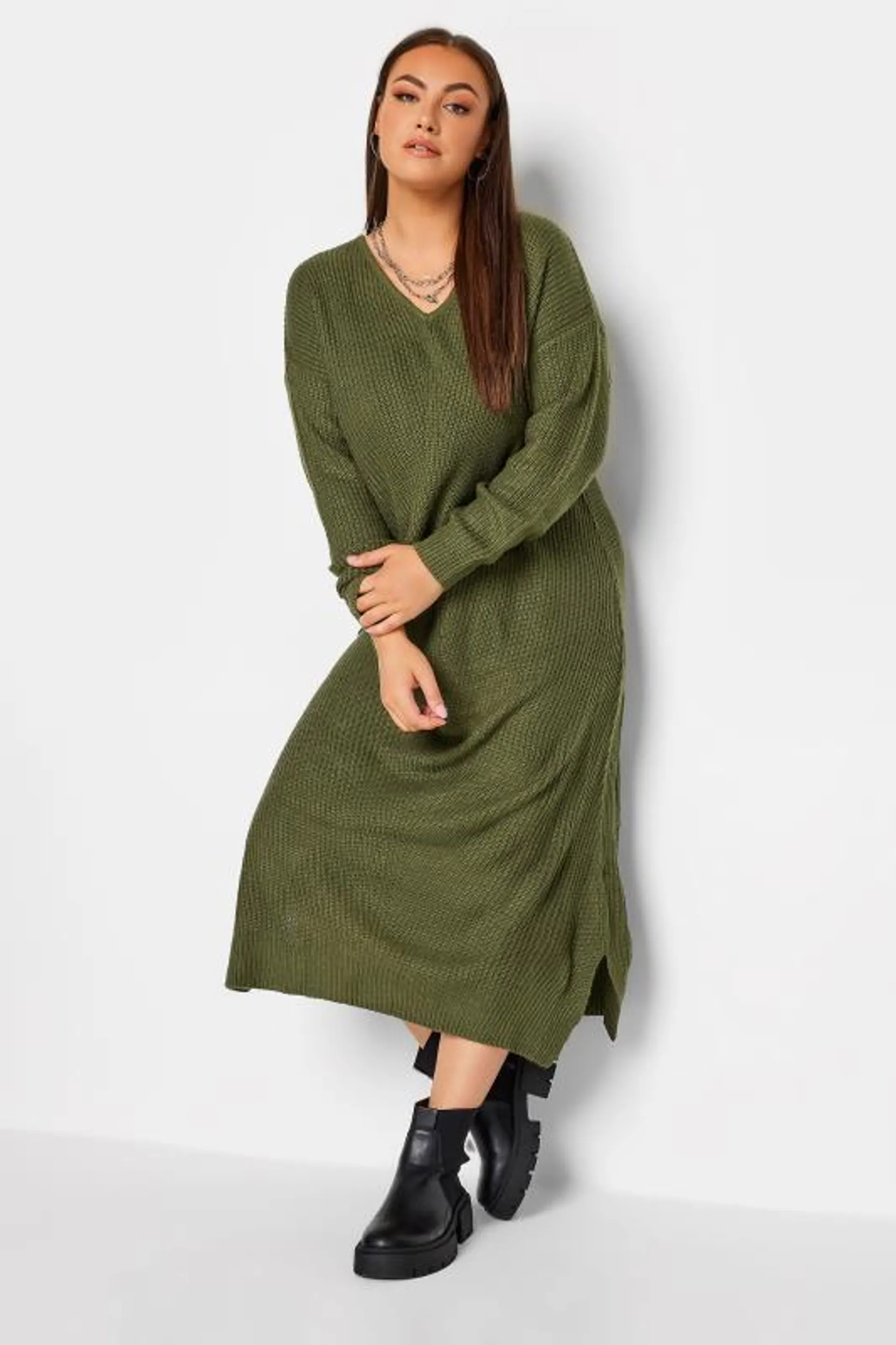 YOURS Curve Khaki Green Midaxi Knitted Jumper Dress