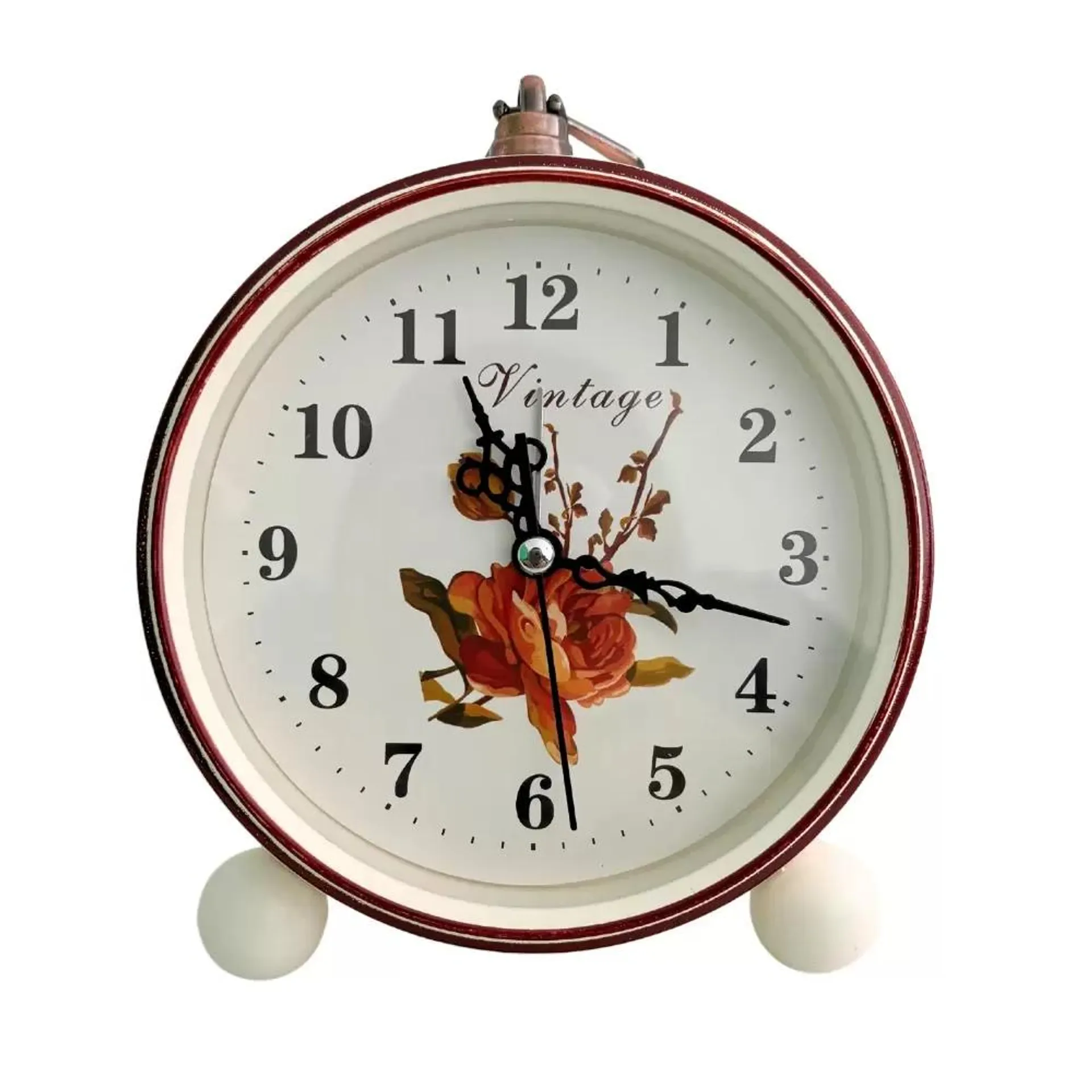 Vintage Battery Operated Analog Alarm Clock Rose Printed Bedside Non Tickling Clock- White