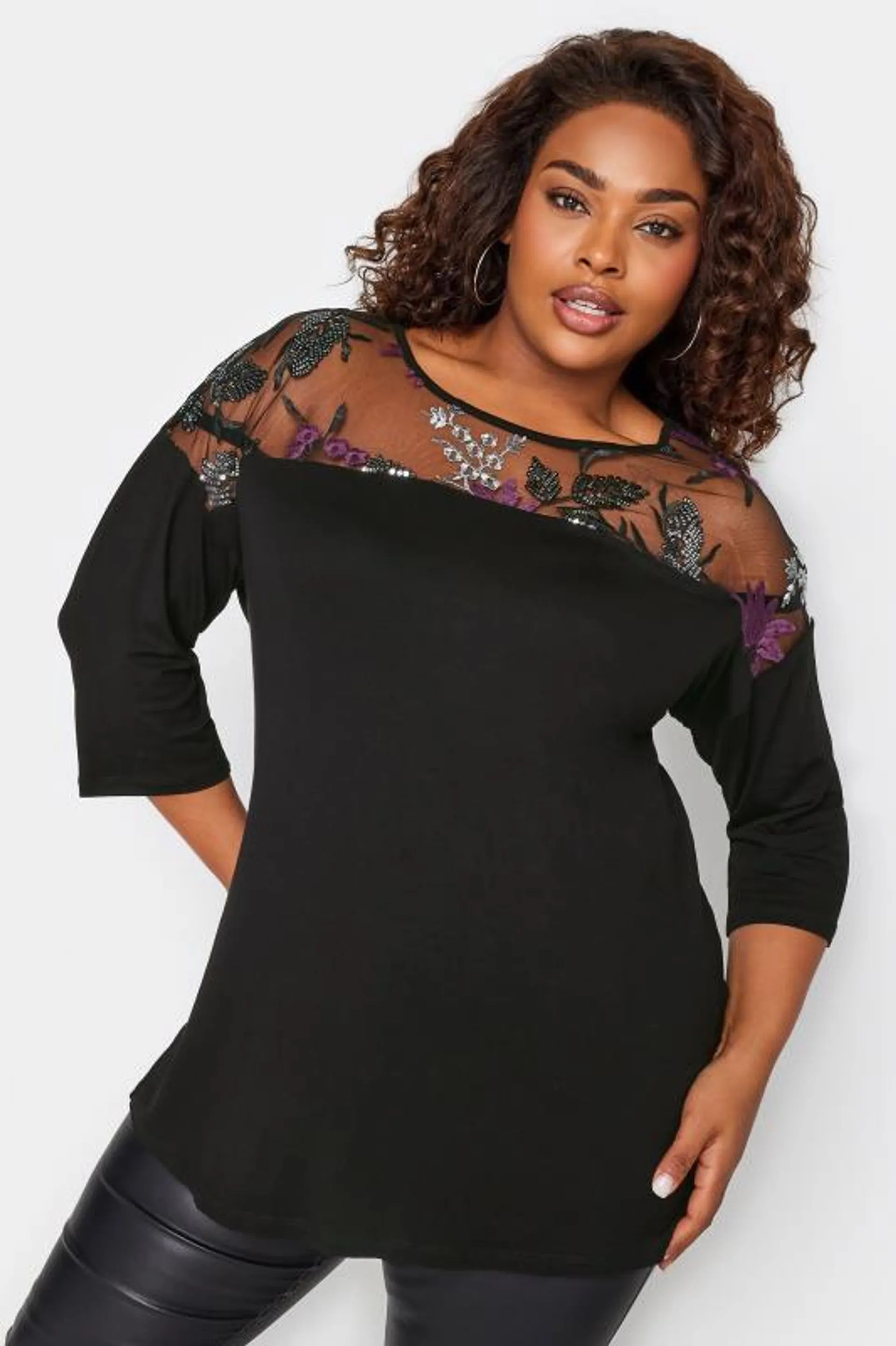 YOURS Curve Black Floral Mesh Top