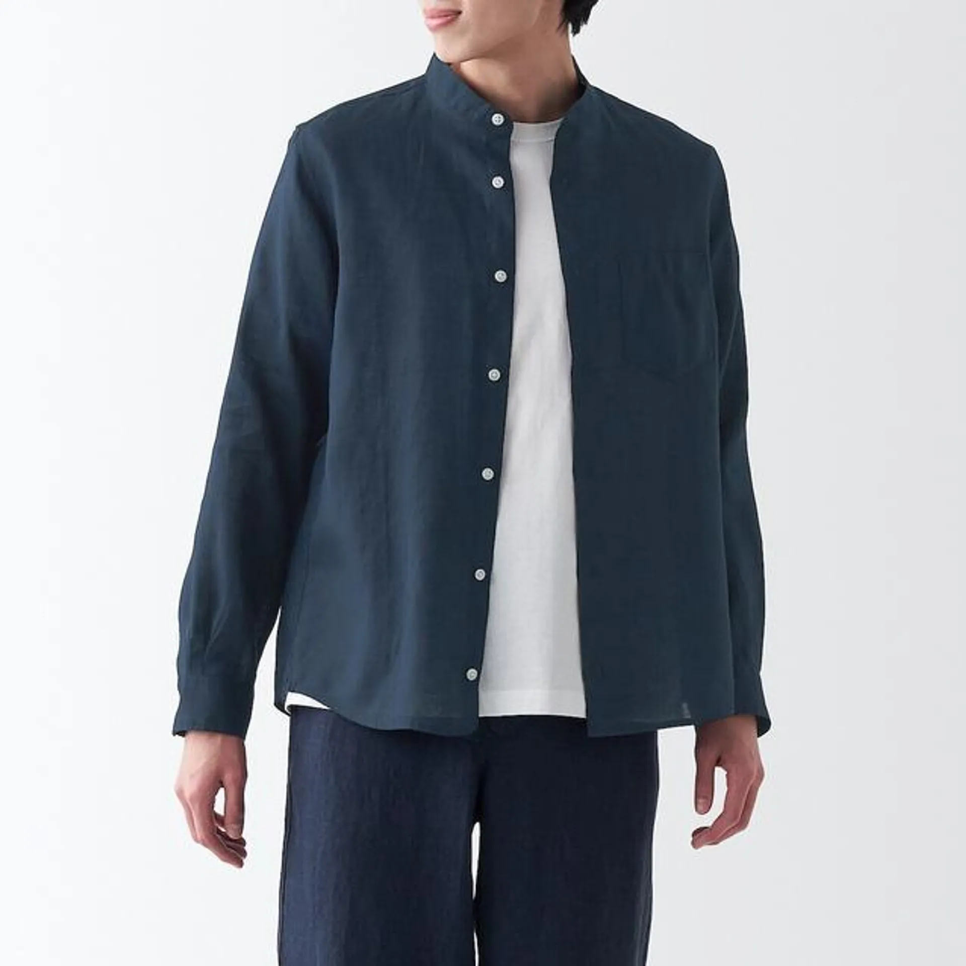 French Linen Washed Stand Collar Shirt