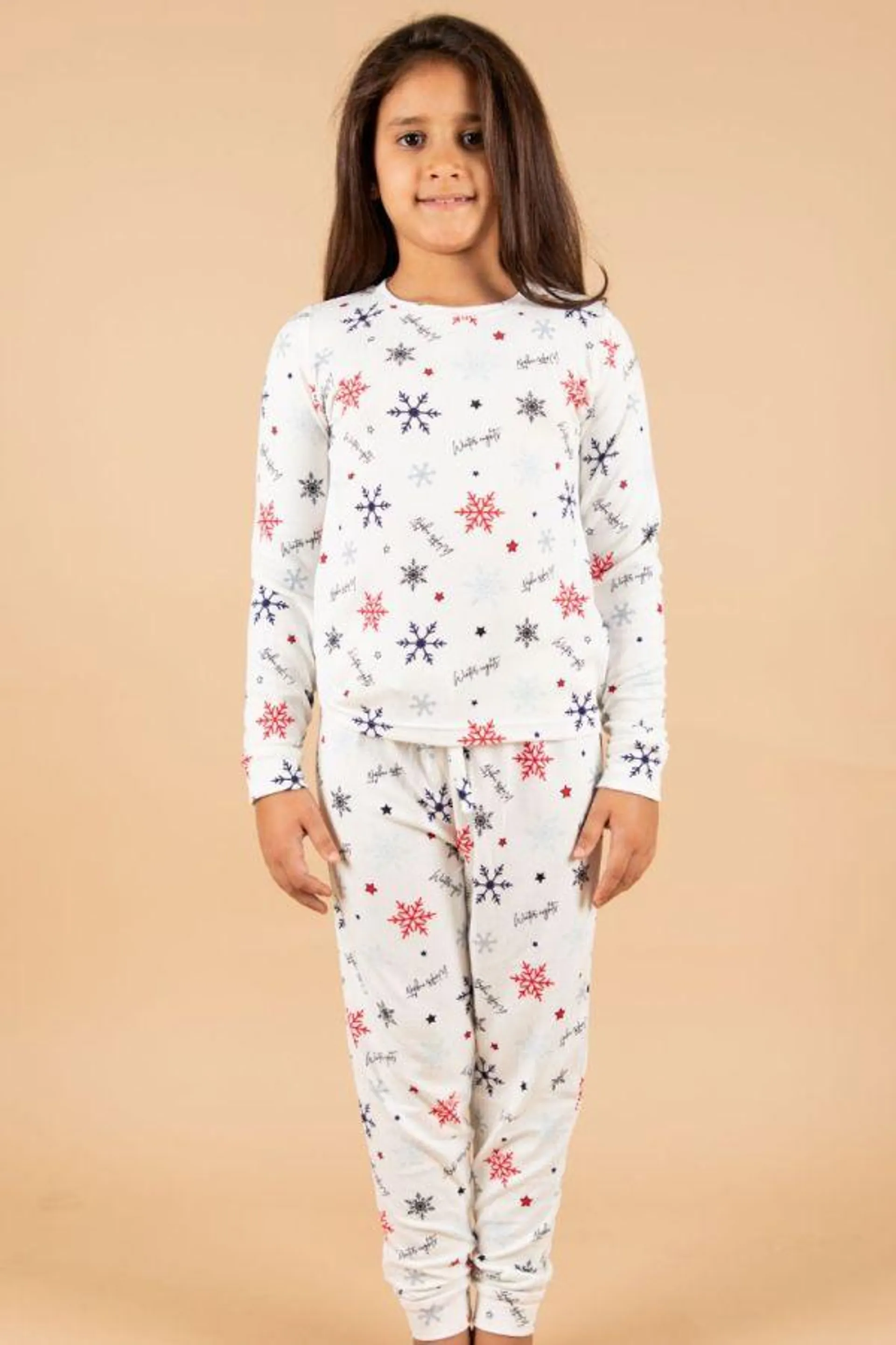 Girls White Red & Navy Colour Snow Flake Printed PJ