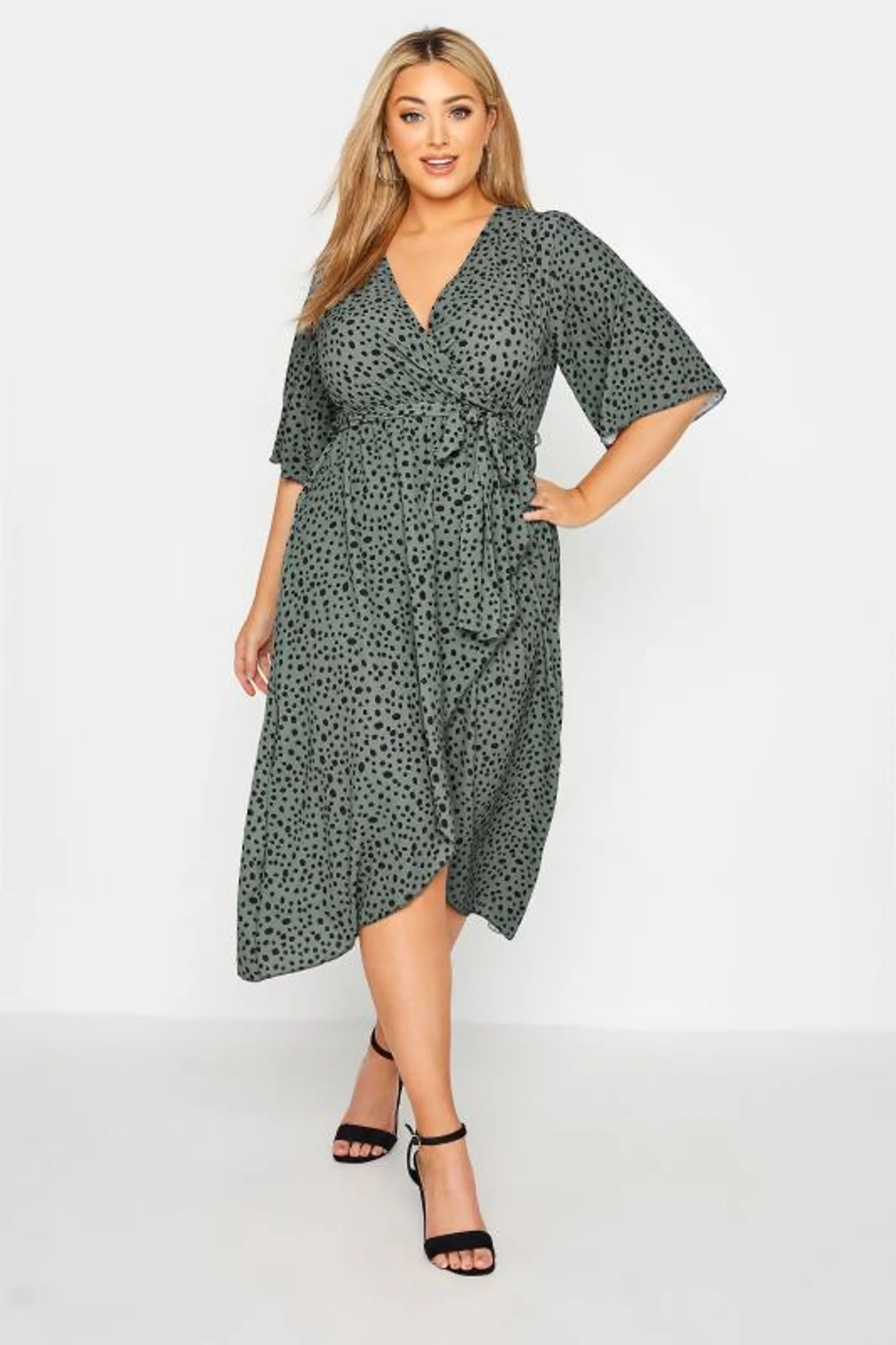 YOURS LONDON Curve Green Dalmatian Print Midi Wrap Dress