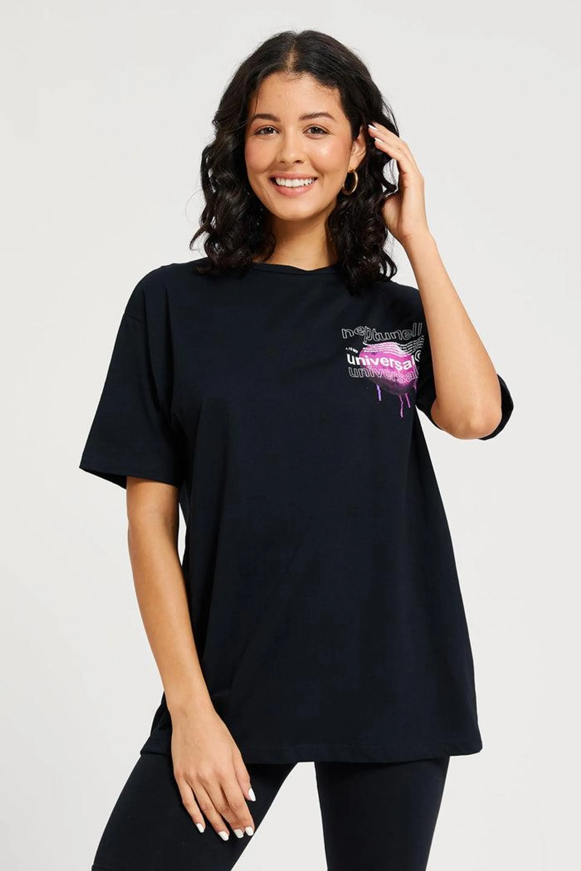 Women Black Universe Oversized Printed T-Shirt