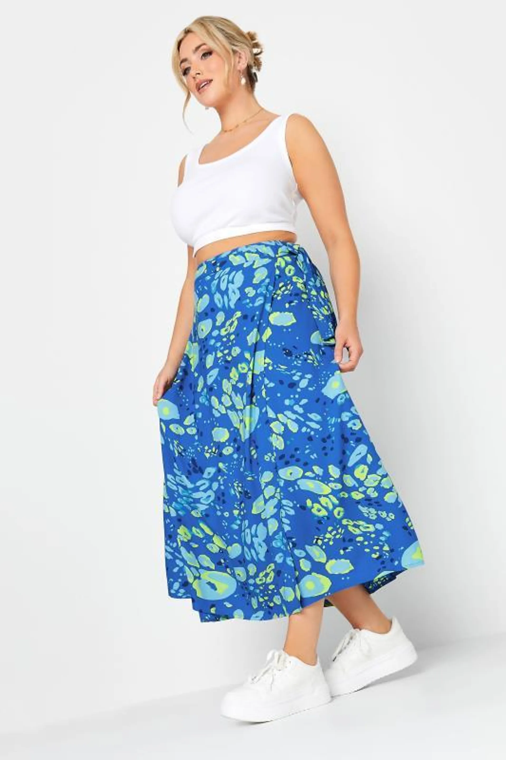 YOURS Curve Blue Leopard Print Wrap Maxi Skirt