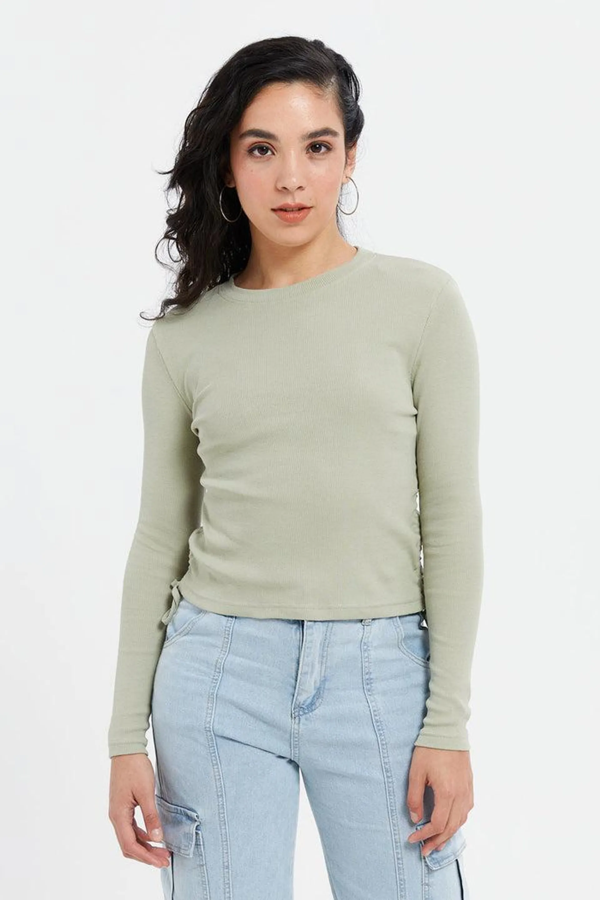 Women Green Side Ruched T-Shirt