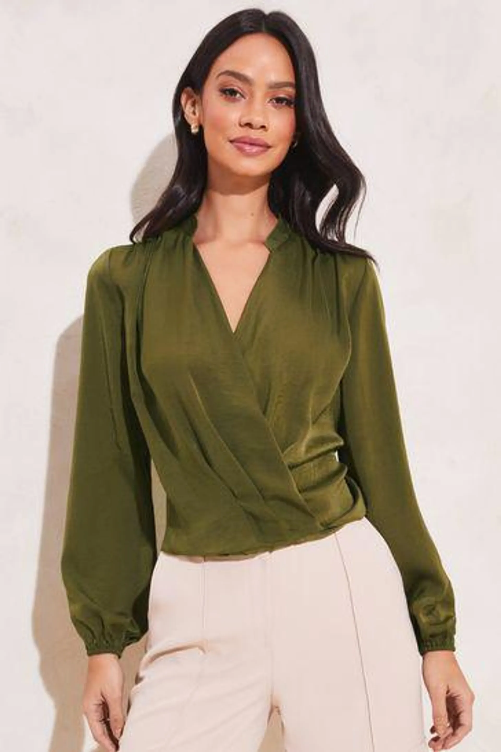 Lipsy Grandad Collar Long Sleeve Wrap Blouse