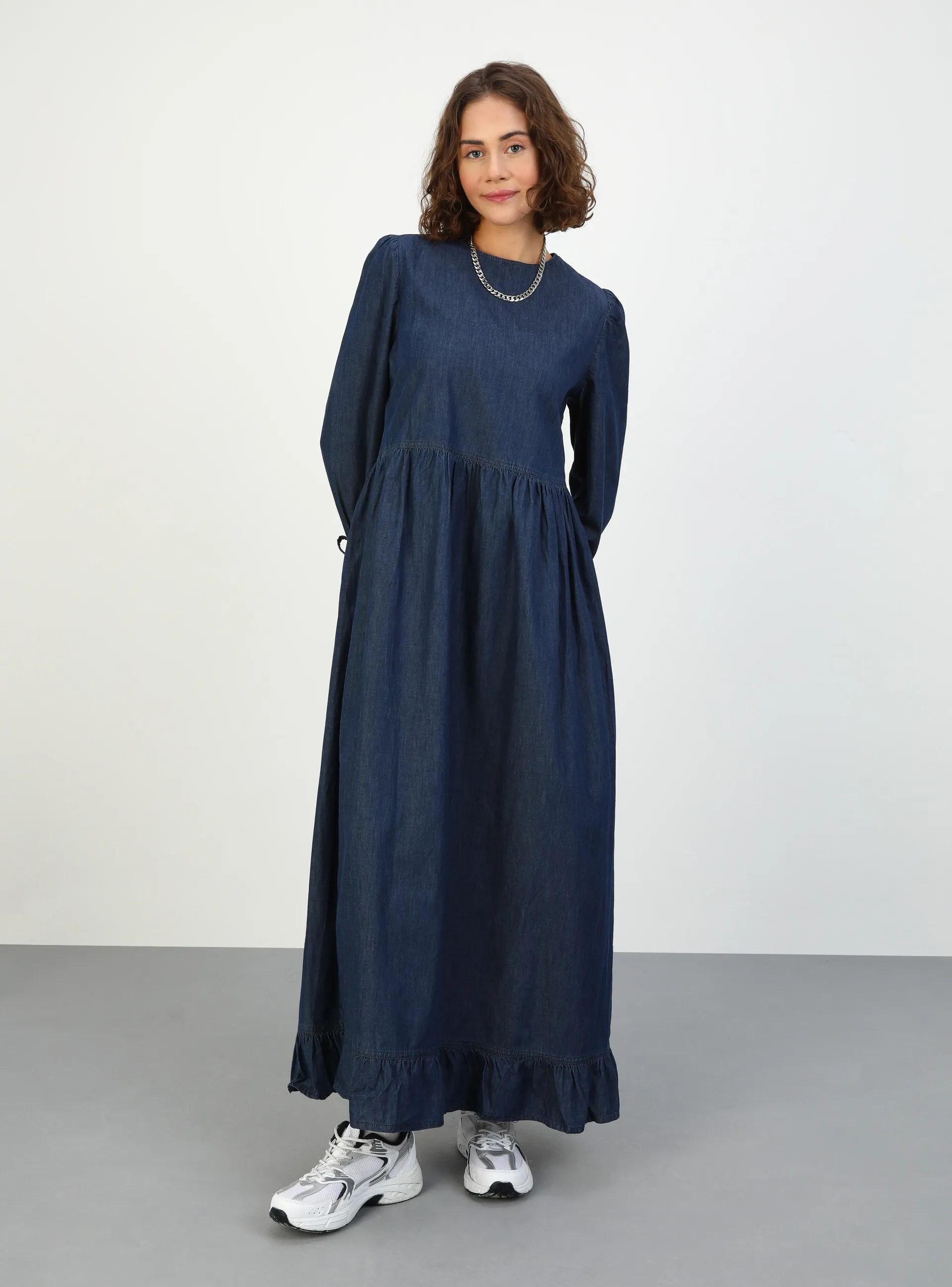 Blue - Button Collar - Unlined - Modest Dress