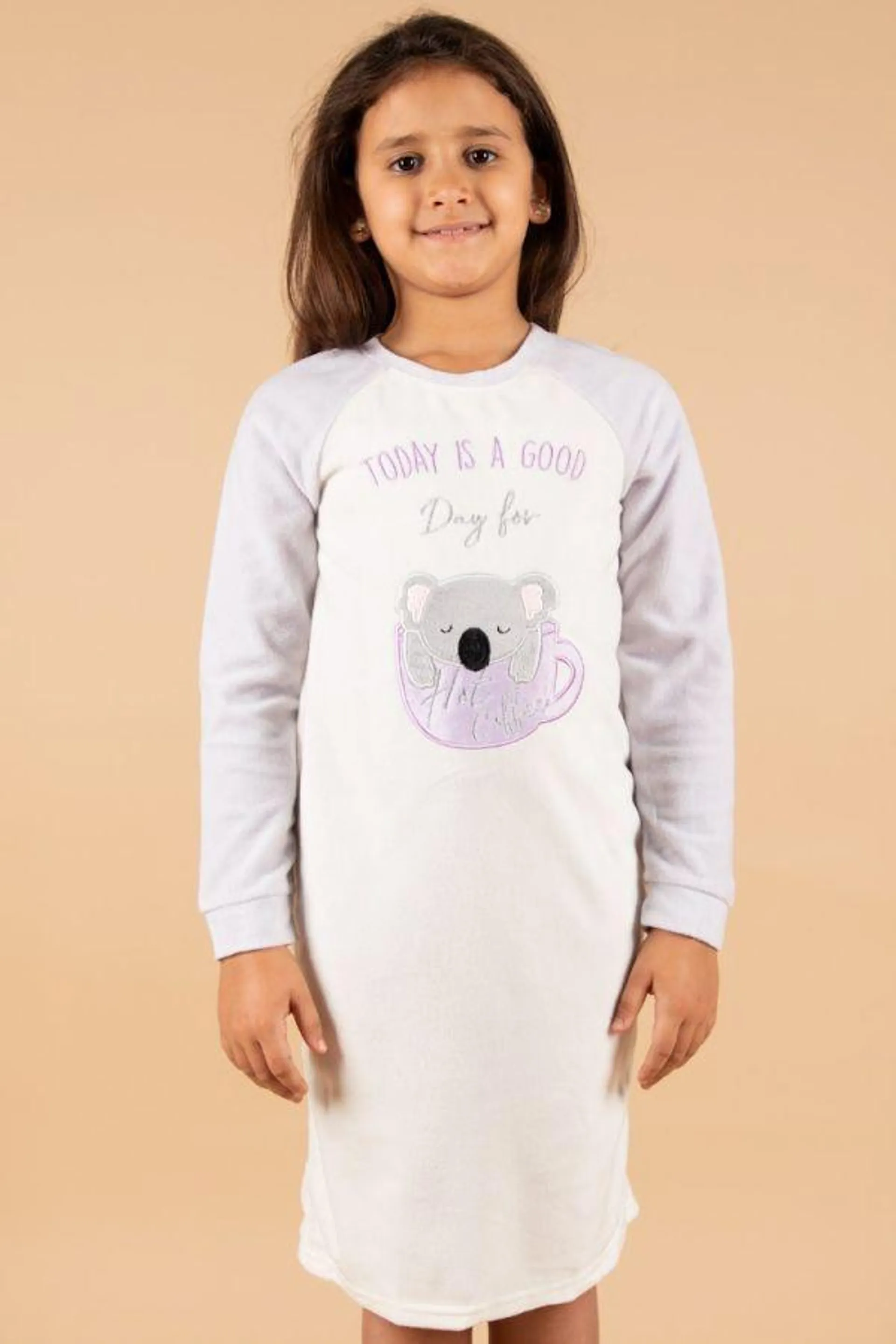 Girls White Lilac Sleeve Koala Coffee Nightdress