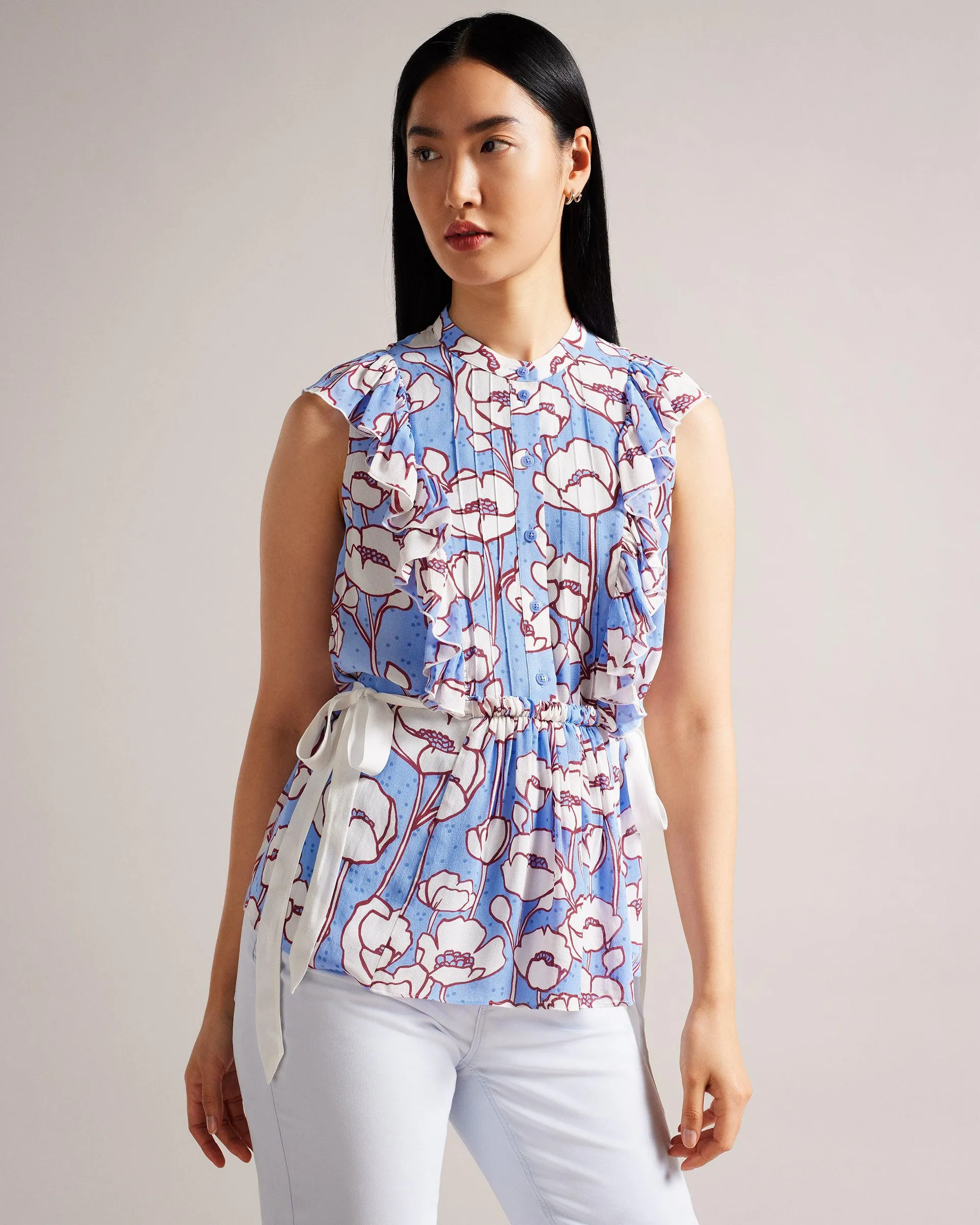 Sleeveless Frilled Top with Contrast Ties