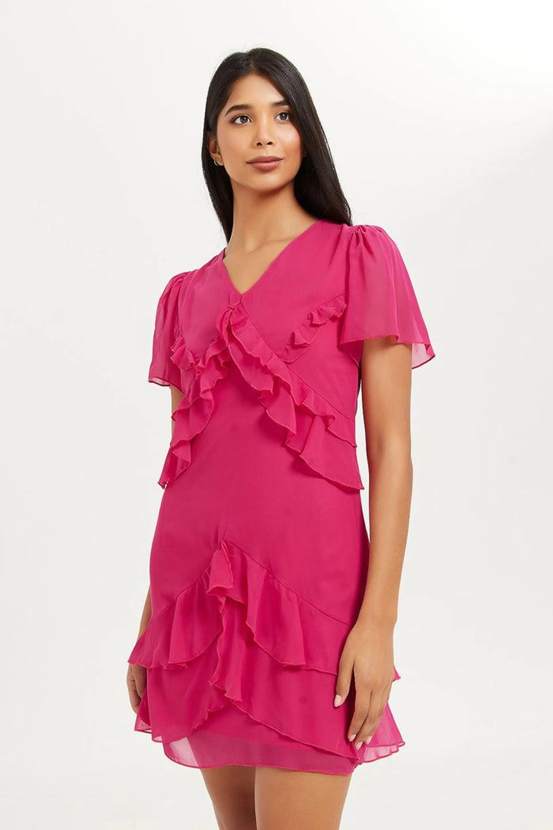 Women Fuchsia Frill Chiffon Mini Dress