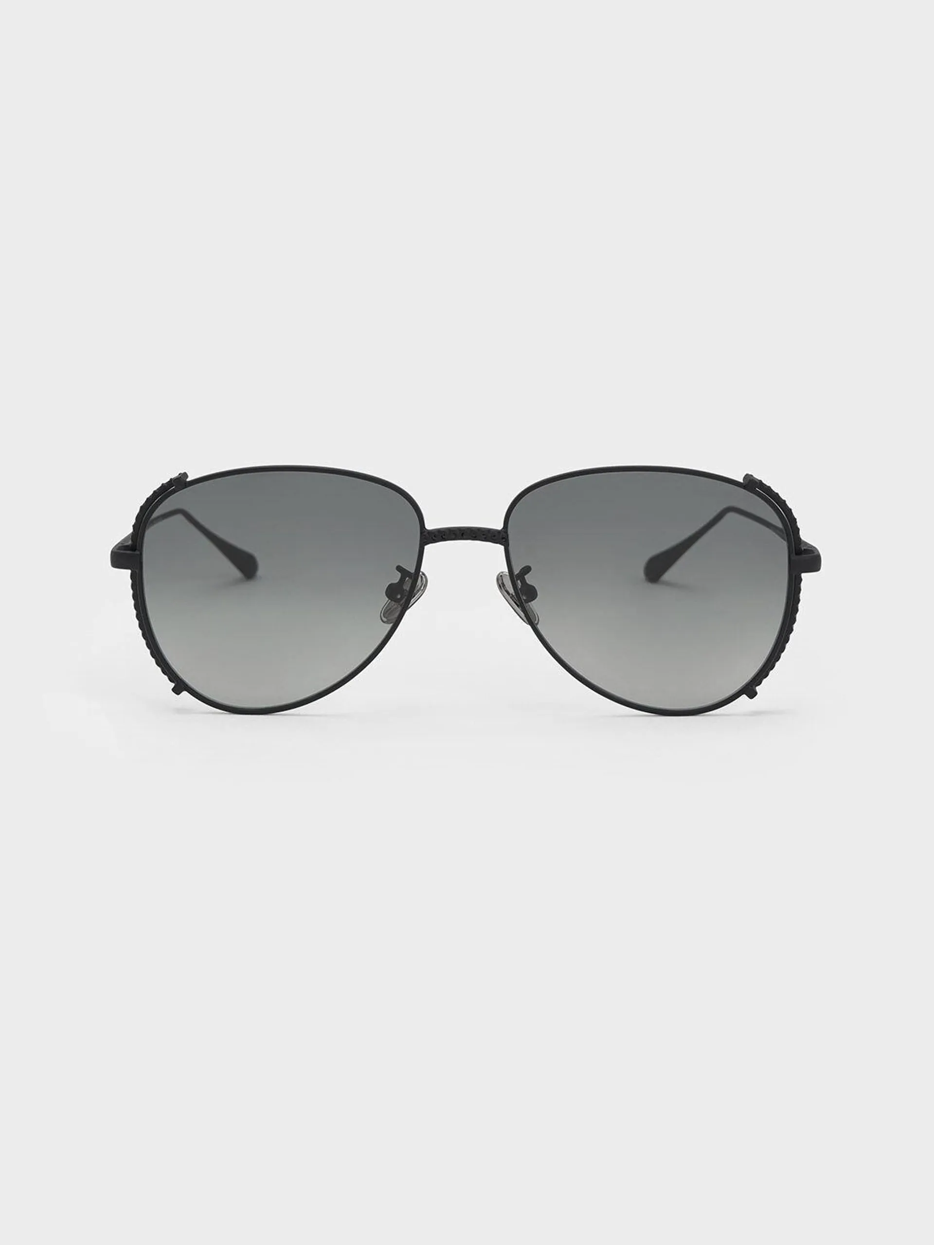 Gem-Embellished Wireframe Aviator Sunglasses - Black