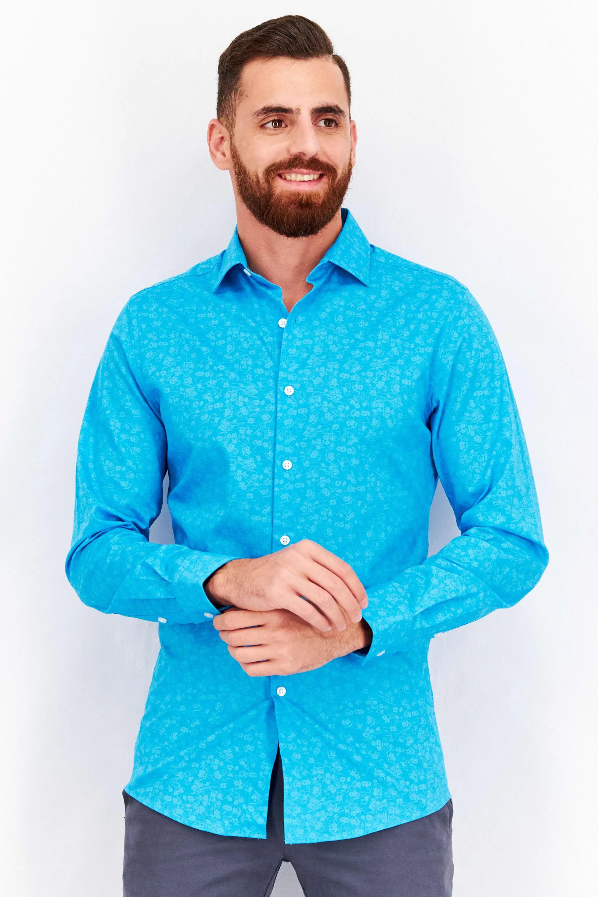 Men Slim Fit Allover Print Long Sleeve Dress Shirt, Teal Blue