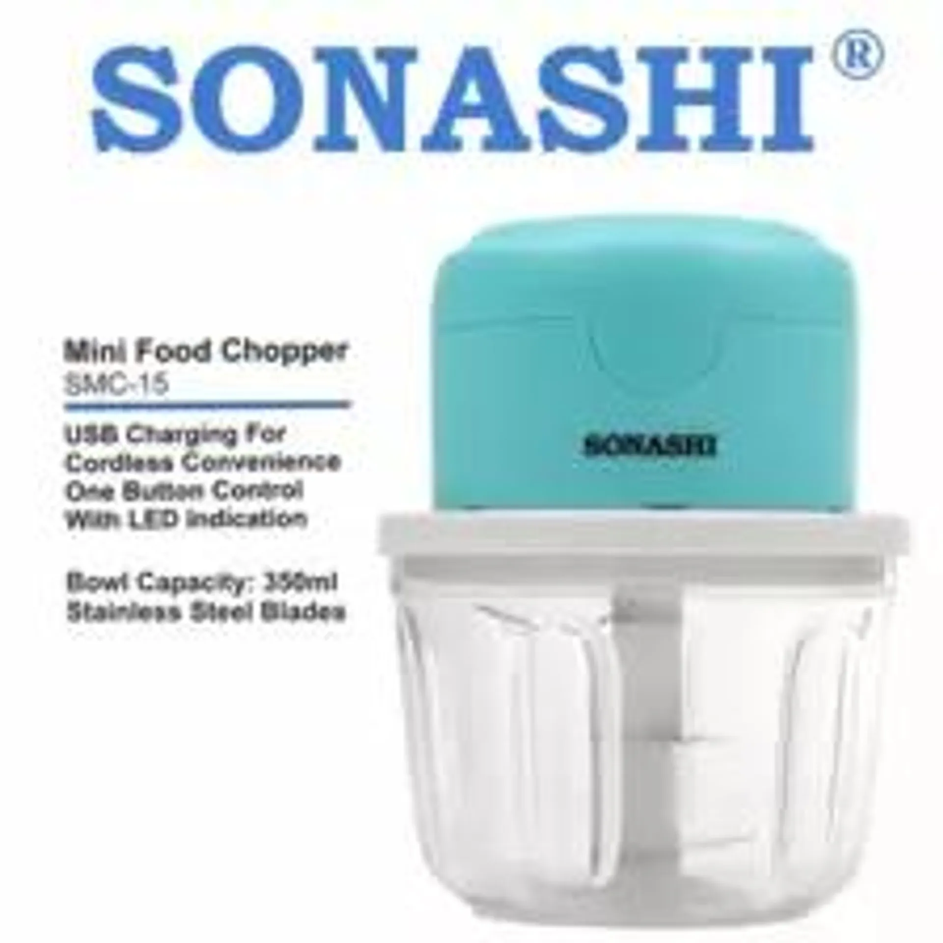 Sonashi Mini Chopper SMC-15 Bowl 350ml Stainless Steel Blades USB Charging for Cordless Convenience