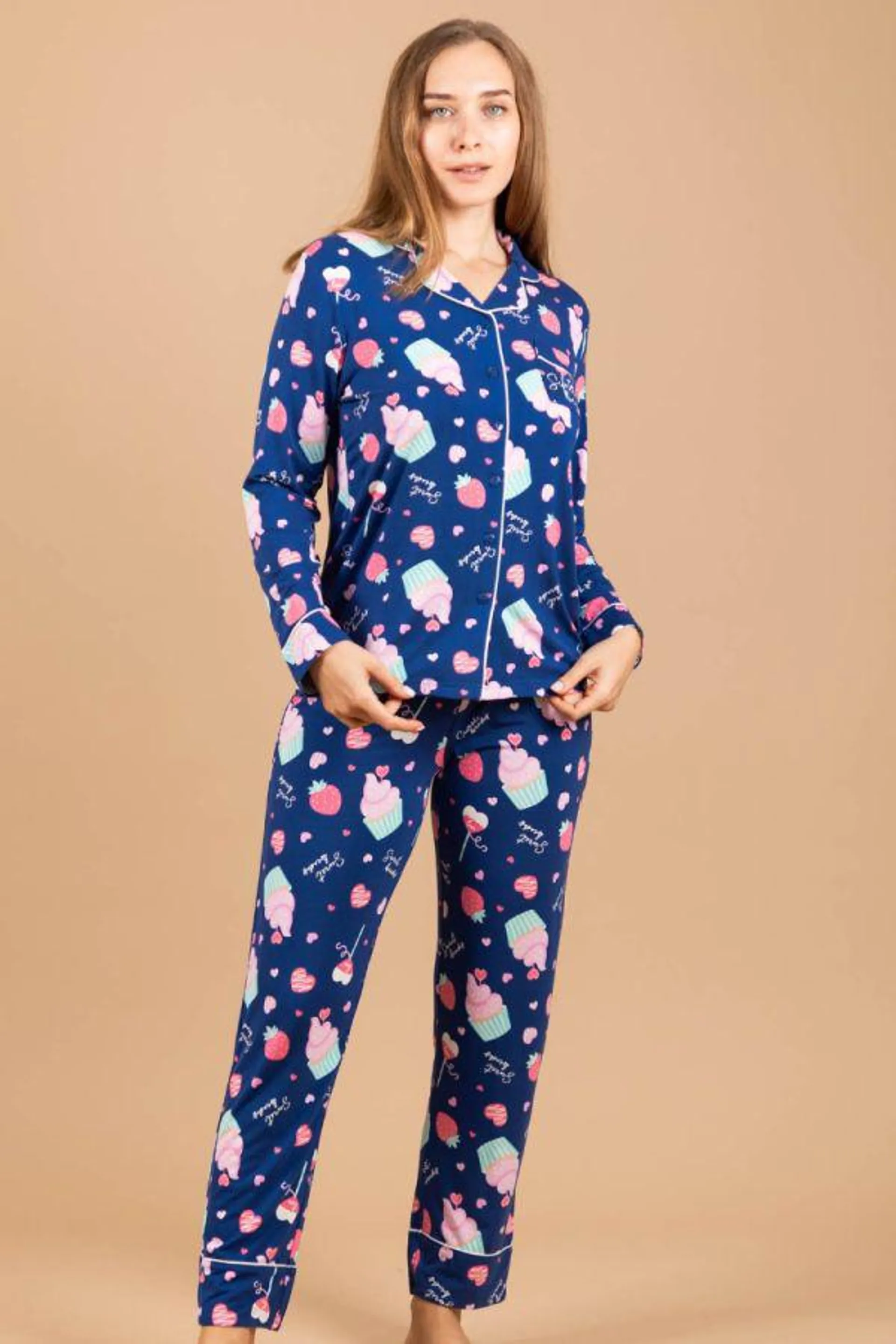 Ladies Blue Cupcake Button Through PJ