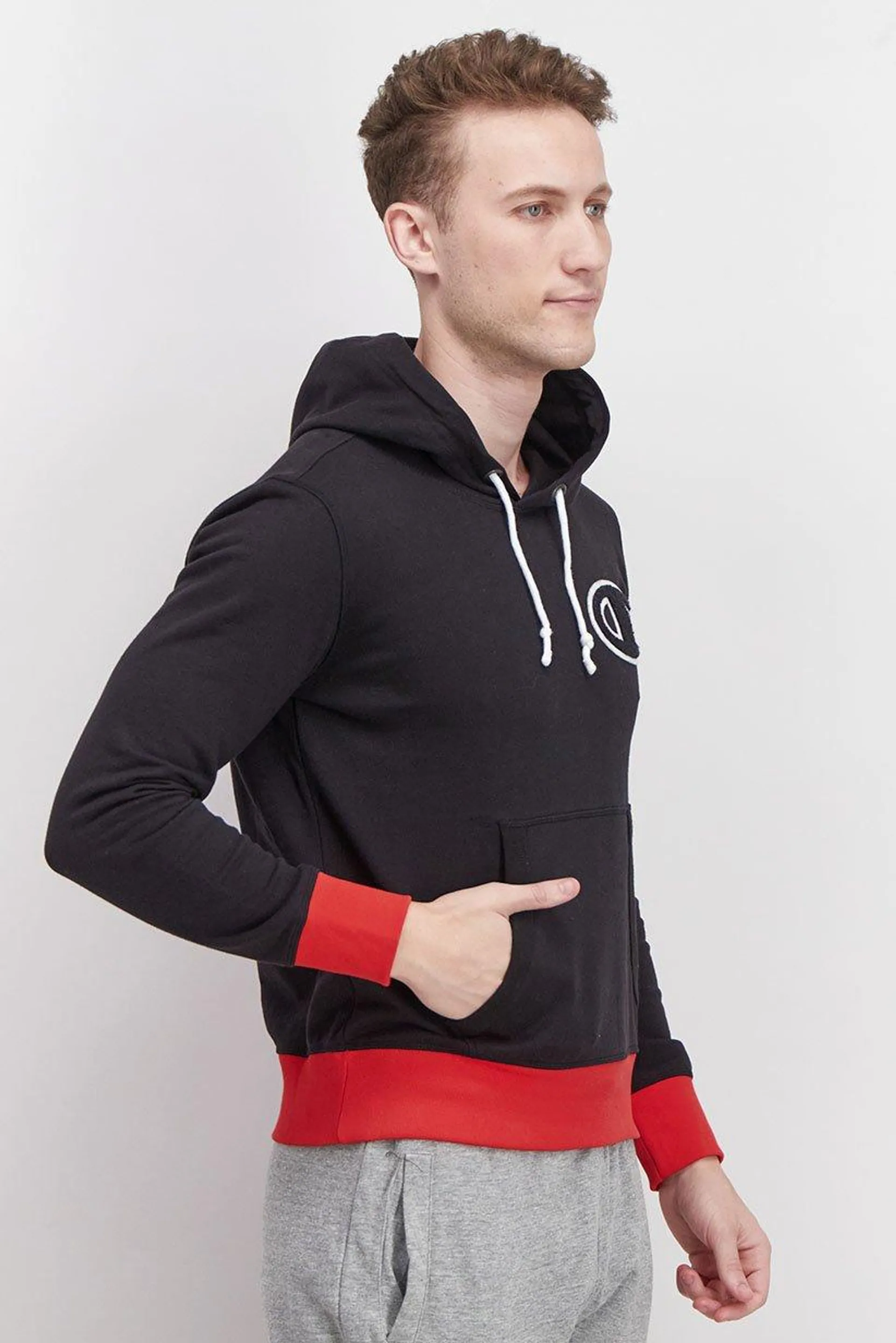 Men Regular Fit Long Sleeve Hooded Sweatshirt, Red and Black