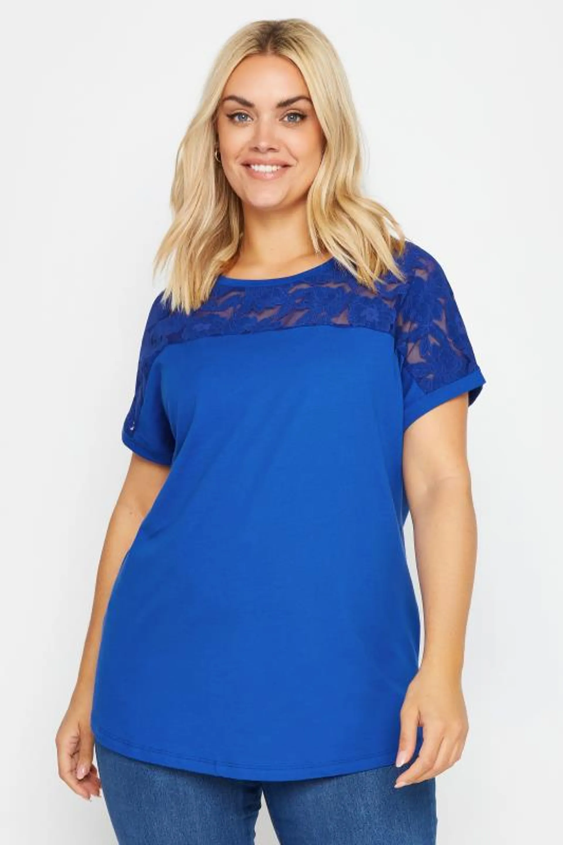 YOURS Curve Blue Floral Mesh T-Shirt