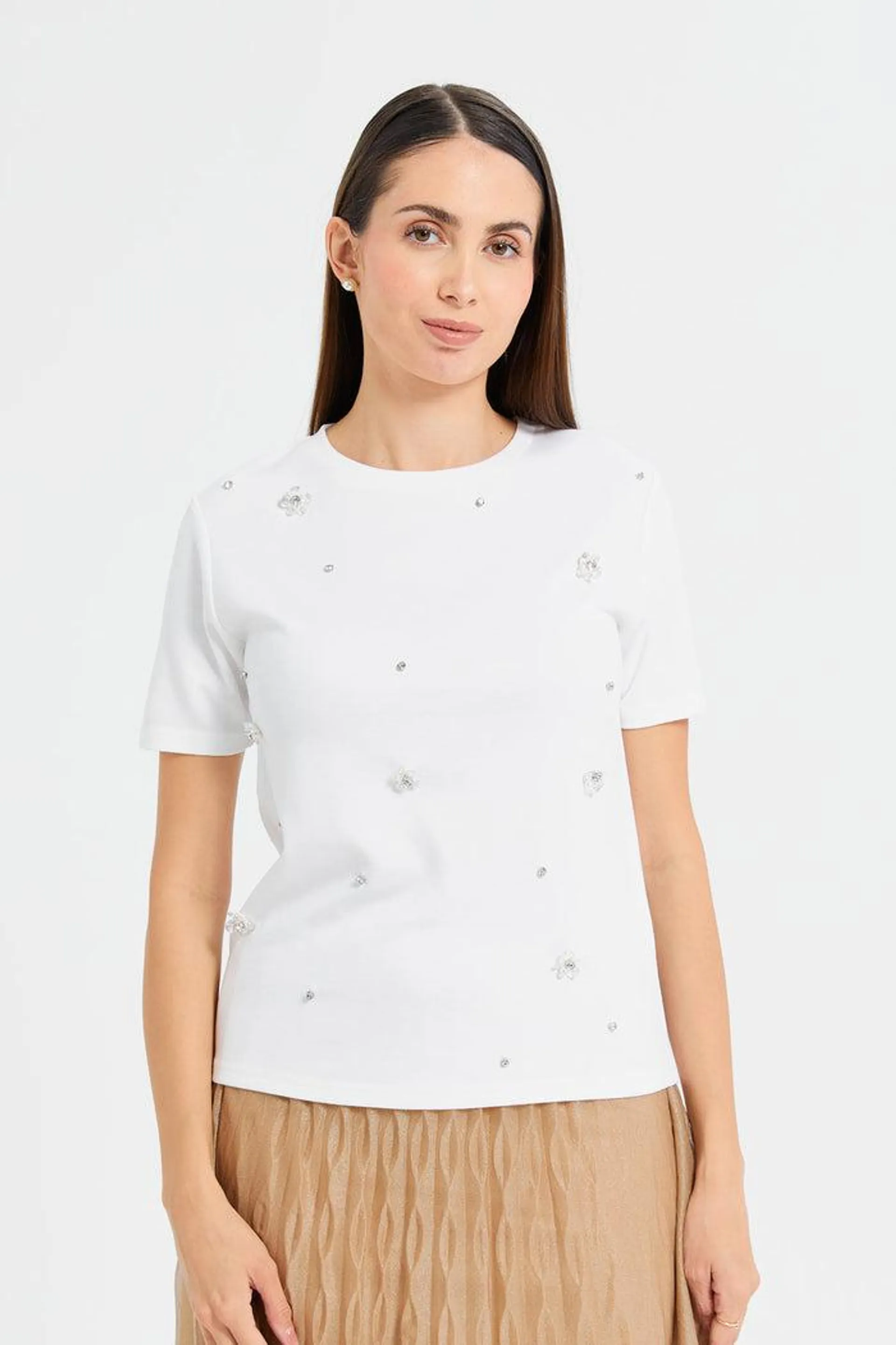 Women Ivory Embellished T-Shirt