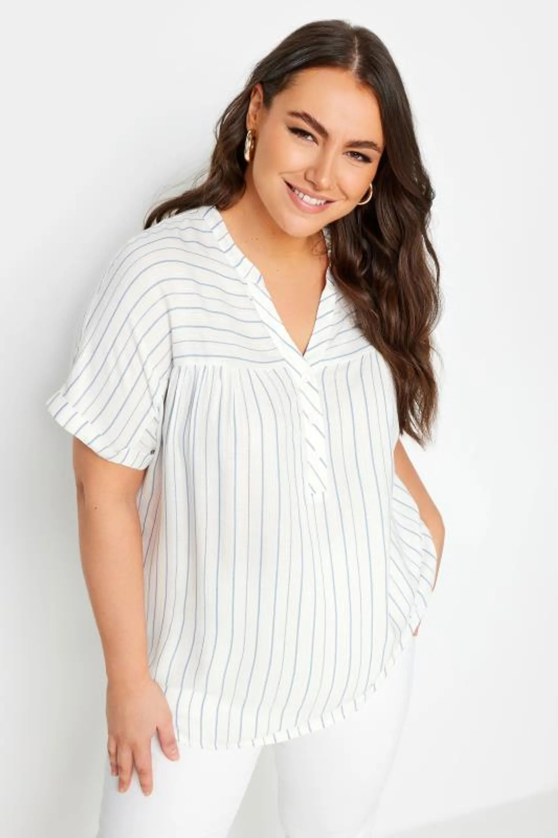 YOURS Curve White & Navy Blue Stripe Notch Neck Blouse