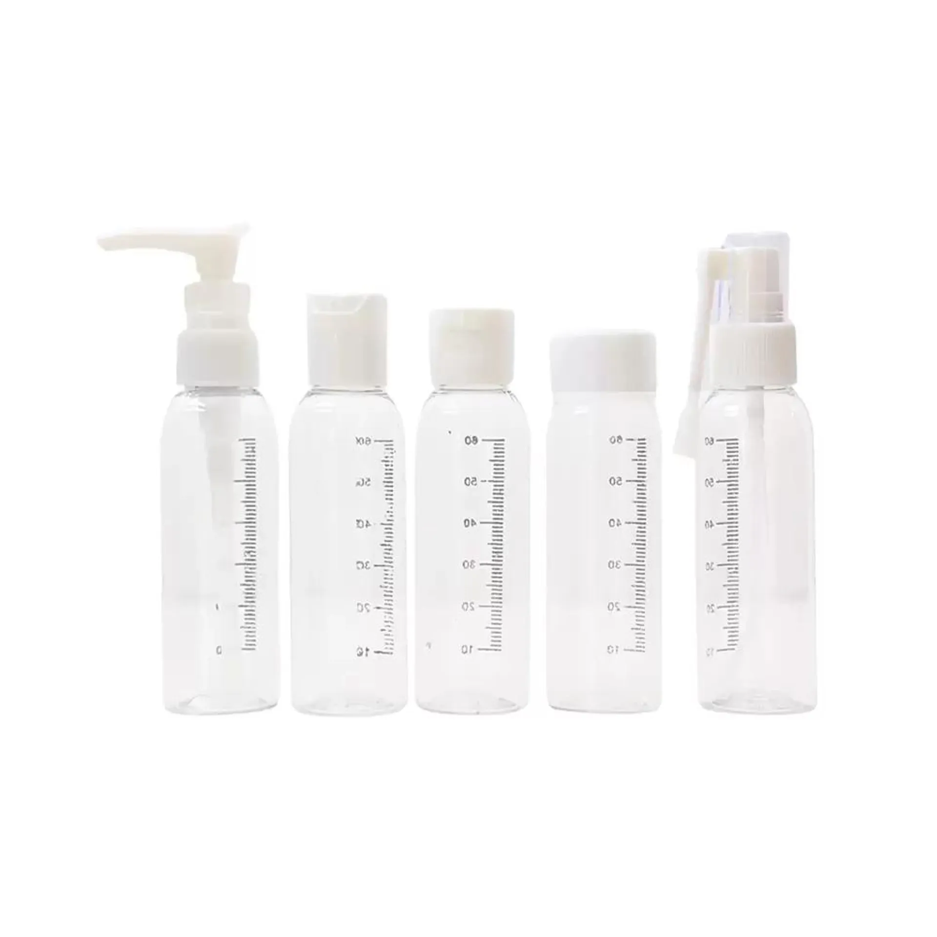 Travel Bottles 5pcs Set, Empty Refillable Plastic Toiletry Cosmetic Containers- White