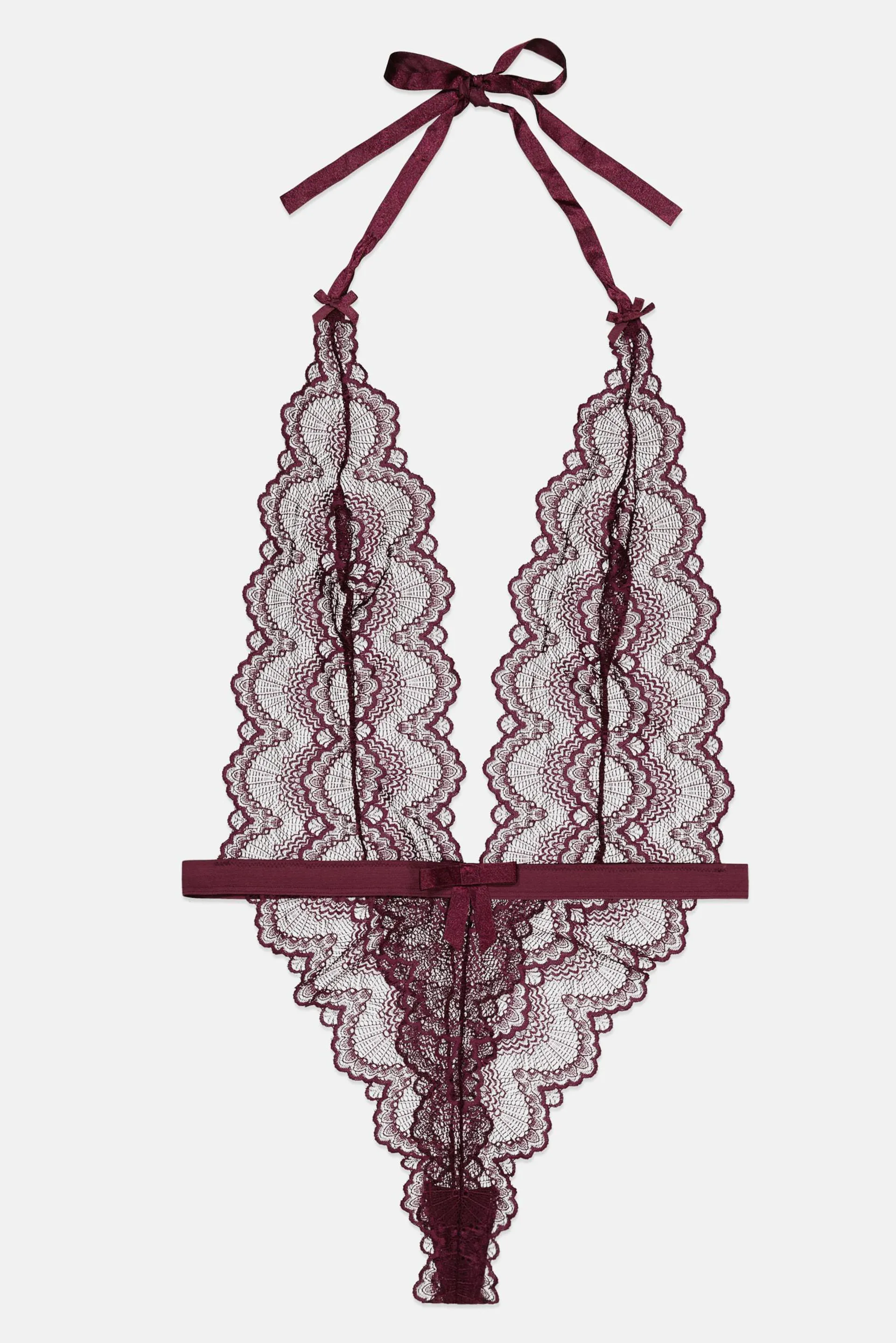 Women High Leg Scalloped Lace Teddy, Maroon