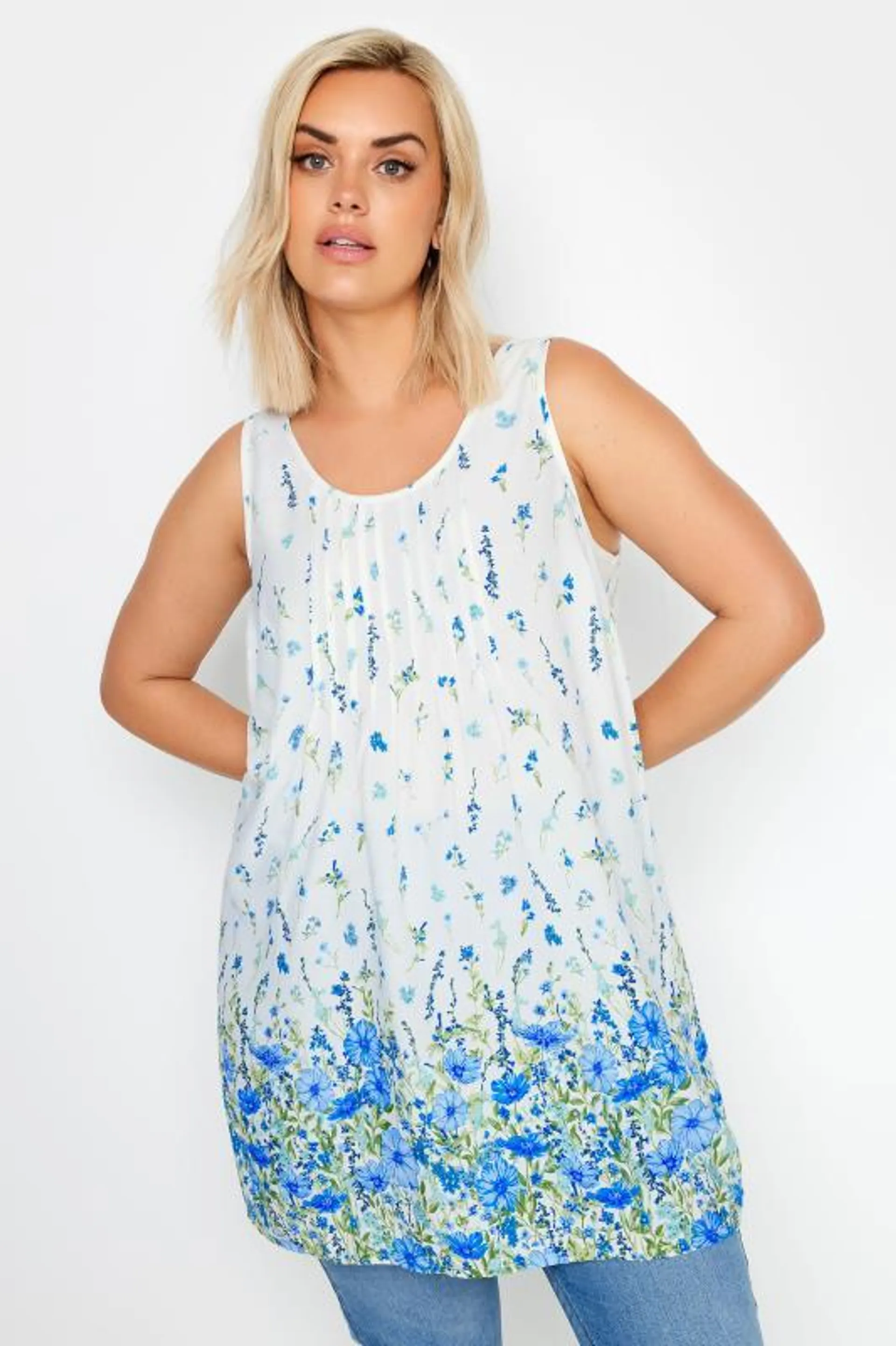 YOURS Curve White & Blue Floral Print Dipped Hem Pleated Vest