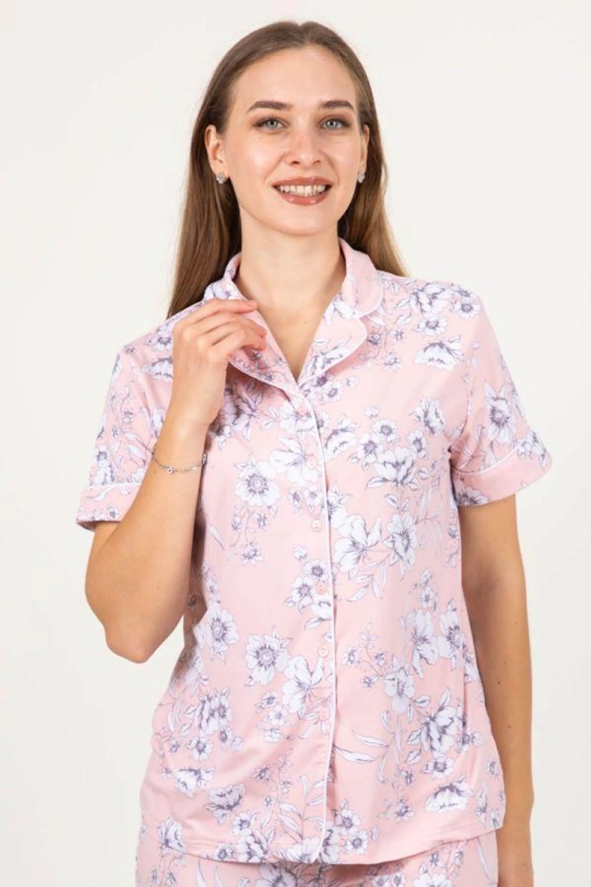 Ladies Peach Floral Button Through Top