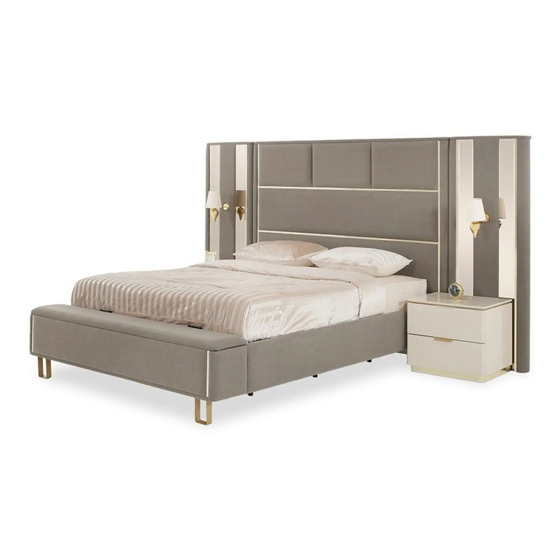 Capadocia King-Sized Bed with Two Nightstands and Lamps, Grey & Beige - 180x200 cm