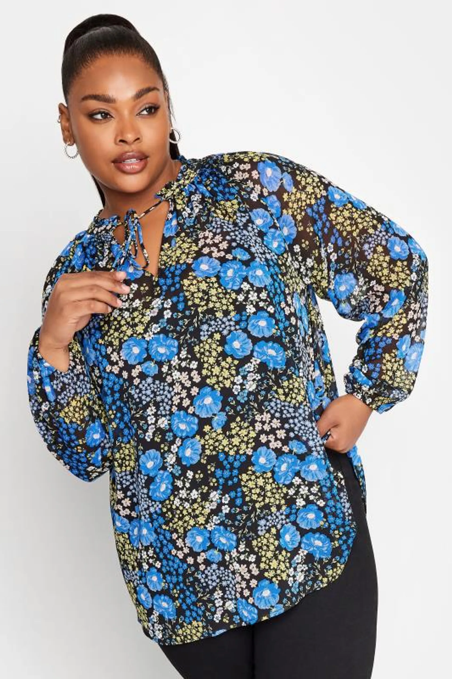 YOURS Curve Blue Floral Print Tie Neck Chiffon Blouse