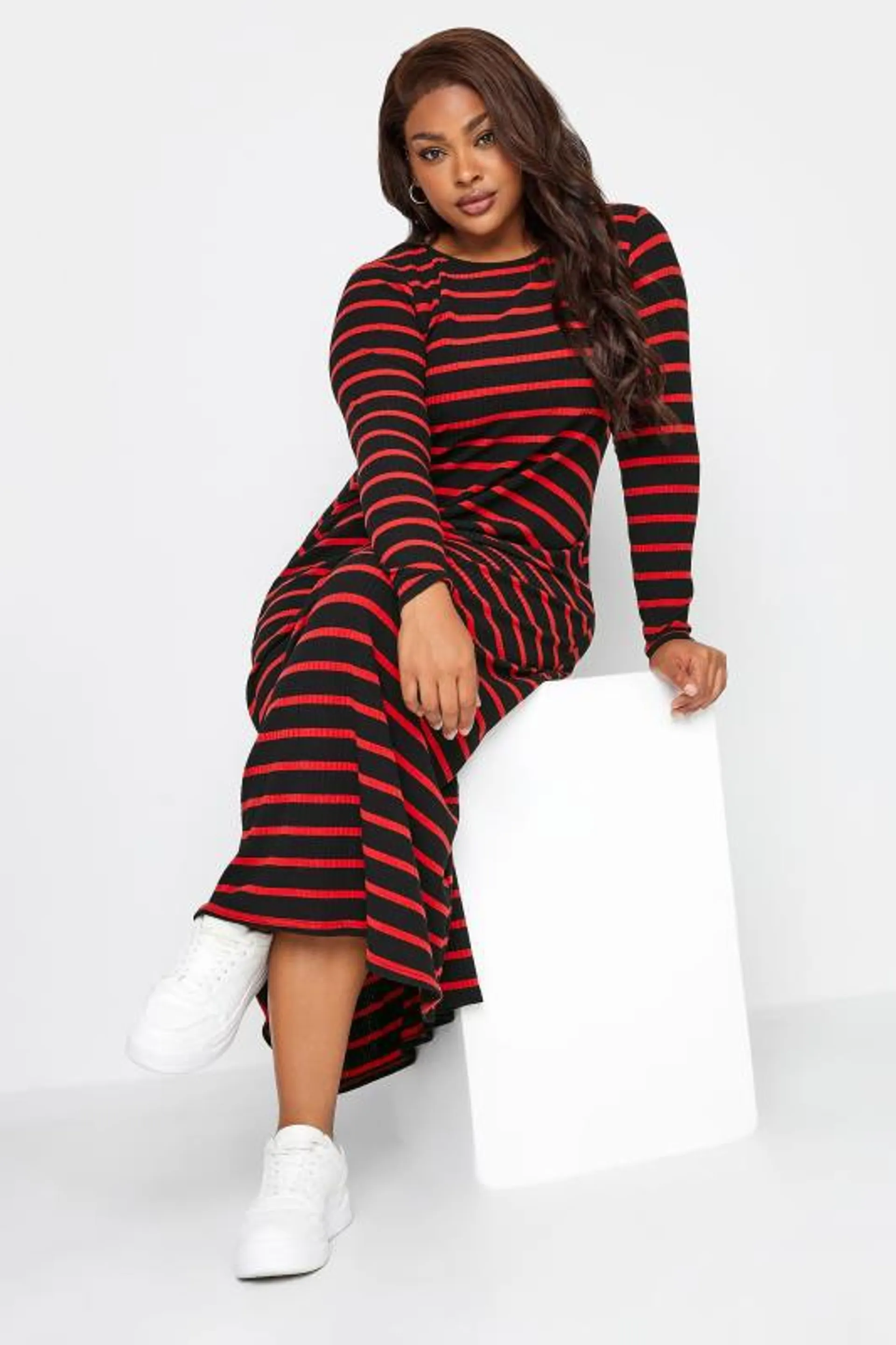 YOURS Curve Red Striped Ribbed Long Sleeve Swing Maxi Dress