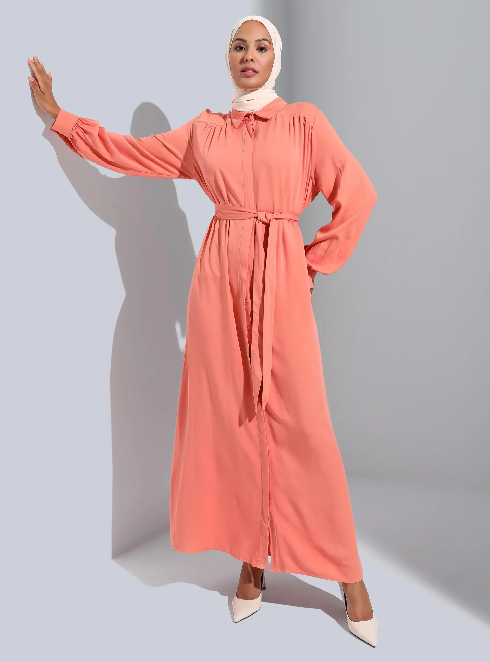 Dark Salmon - Point Collar - Unlined - Modest Dress