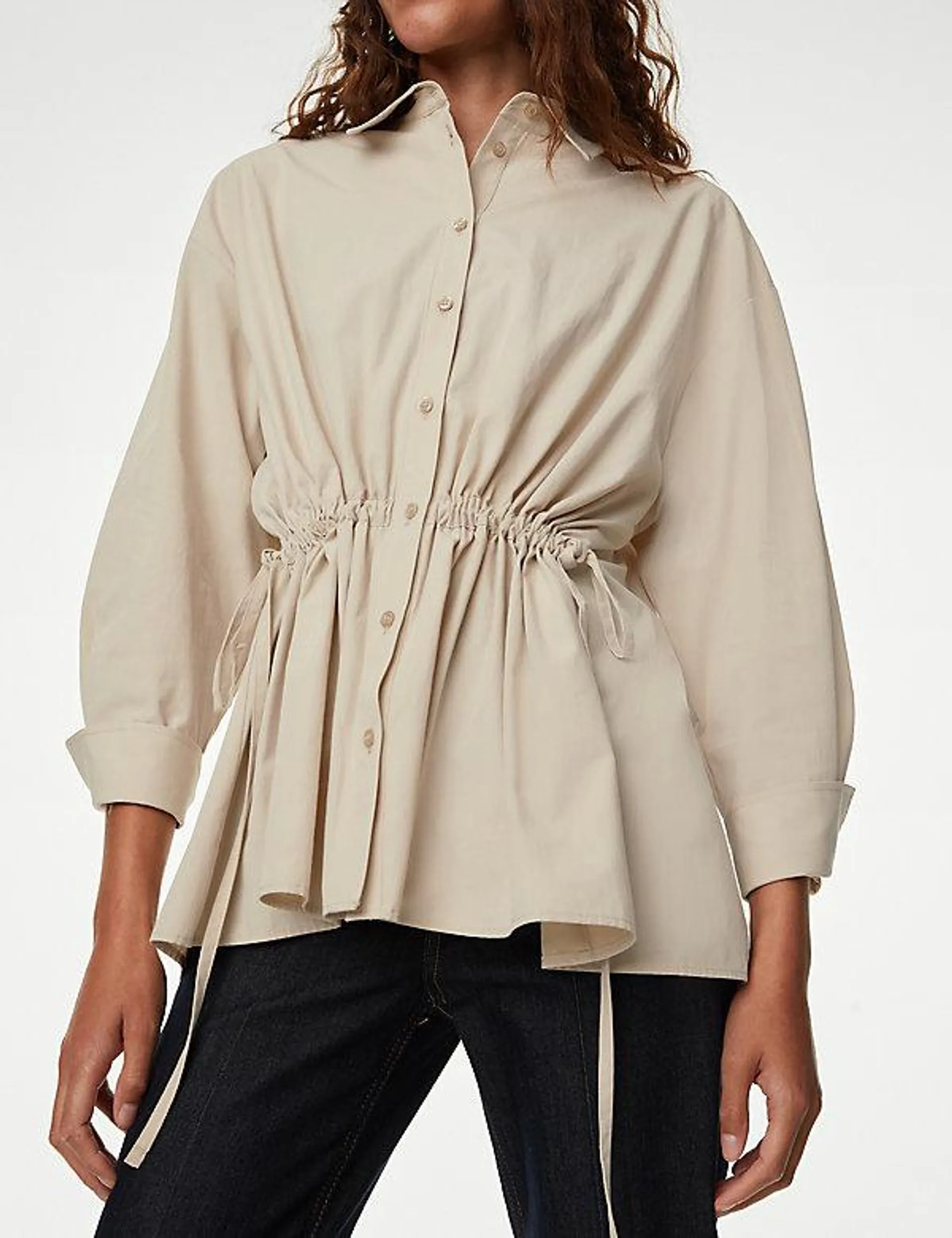 Pure Cotton Tie Front Waisted Shirt
